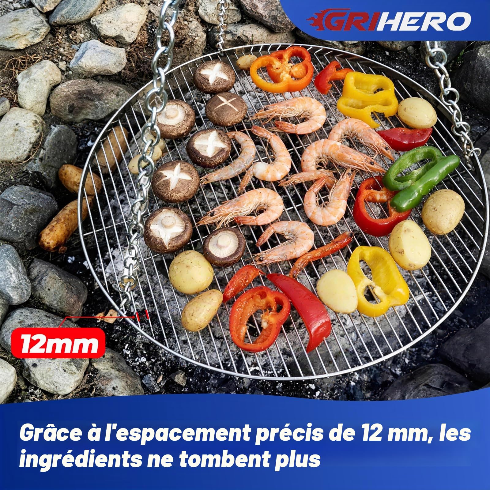 Grille de cuisson ronde en acier inoxydable de 70 cm pour barbecue pivotant, avec 3 trous de suspension, grille et brasero, trépied, accessoires de barbecue, épaisseur