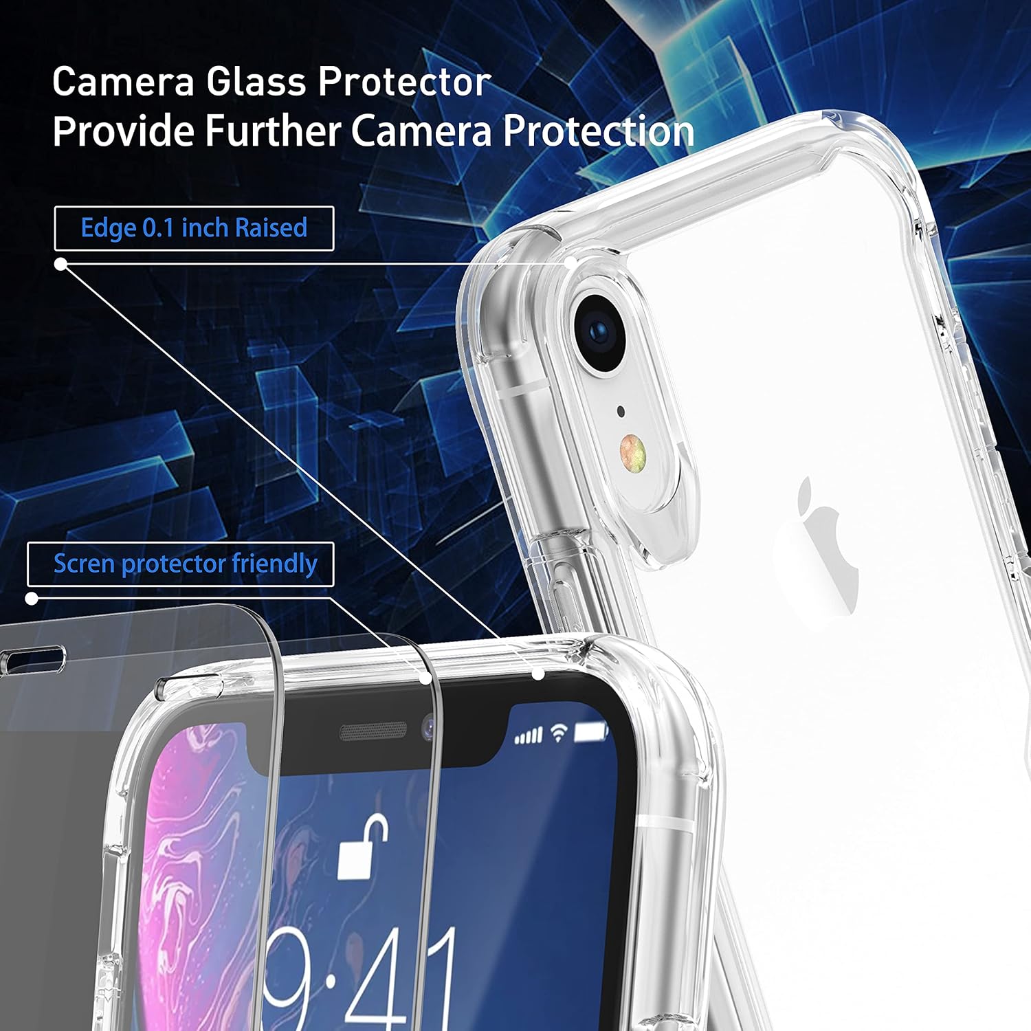ORETECH Designed for iPhone XR Case, Designed for iPhone XR Case with 2X Tempered Glass Screen Protector for iPhone XR Transparent Case Heavy Duty Slim Protective Silicone Case for iPhone XR -Clear