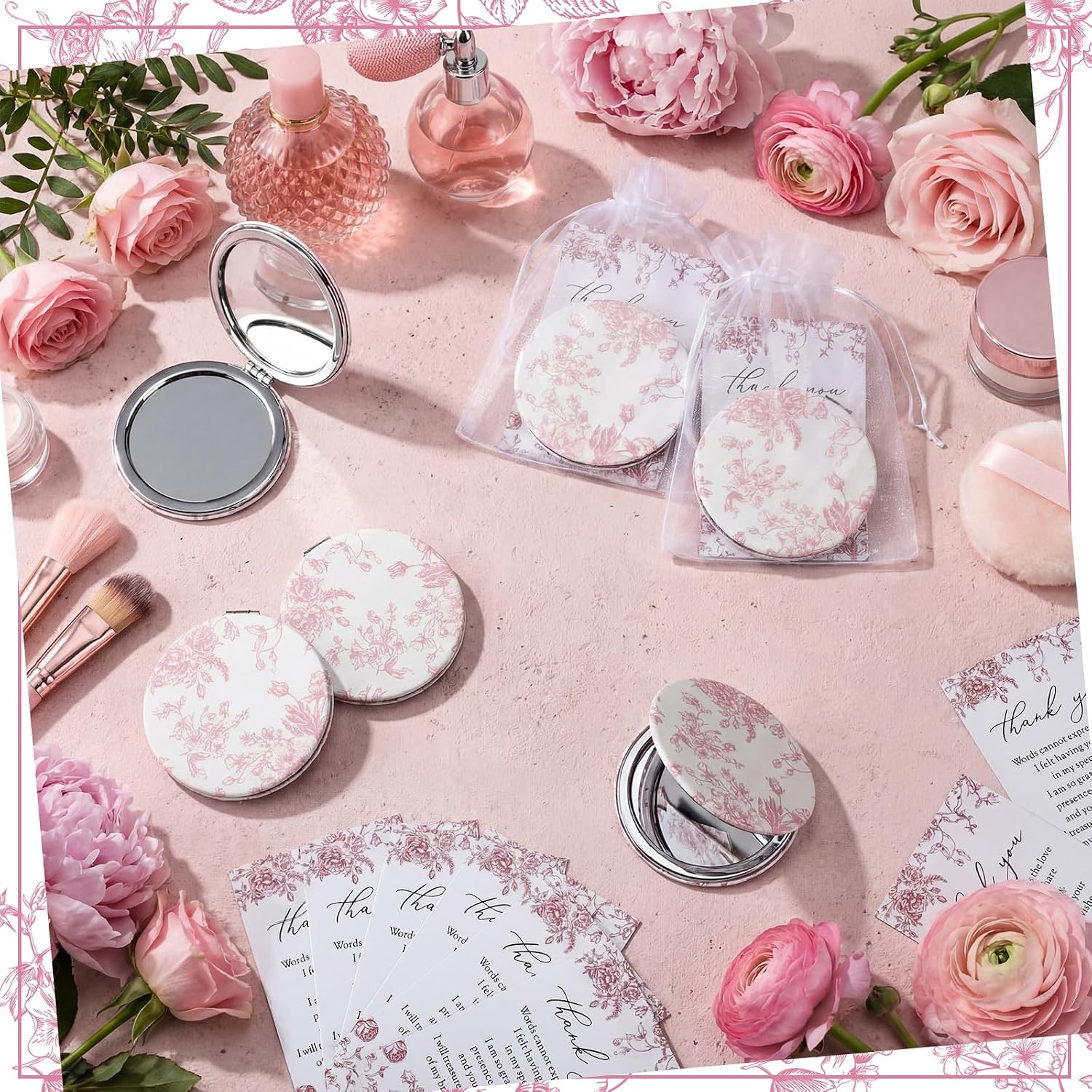 Yalikop 24 Sets Pink Floral Bridal Shower Favors for Guest Flower Folding Leather Compact Makeup Mirror Bulk Thank You Cards with Organza Bags for Bridesmaid Souvenir Gift Wedding Party