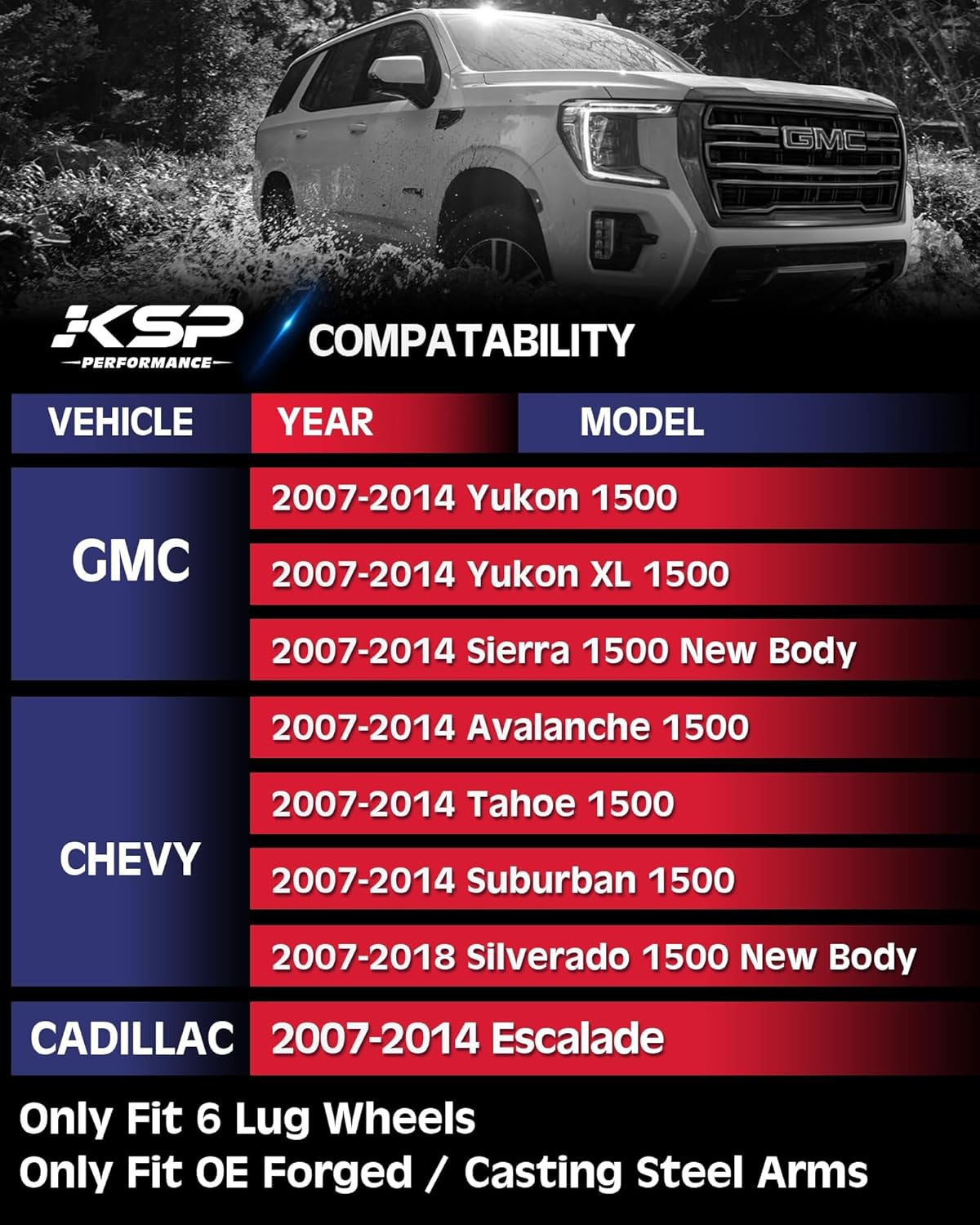 KSP Upper Control Arm 2-4" lift for 07-16 Silverado Avalanche Tahoe, Sierra Yukon 6-Lug 2WD/4WD Factory Cast Steel arms, Tubular Black A-arm