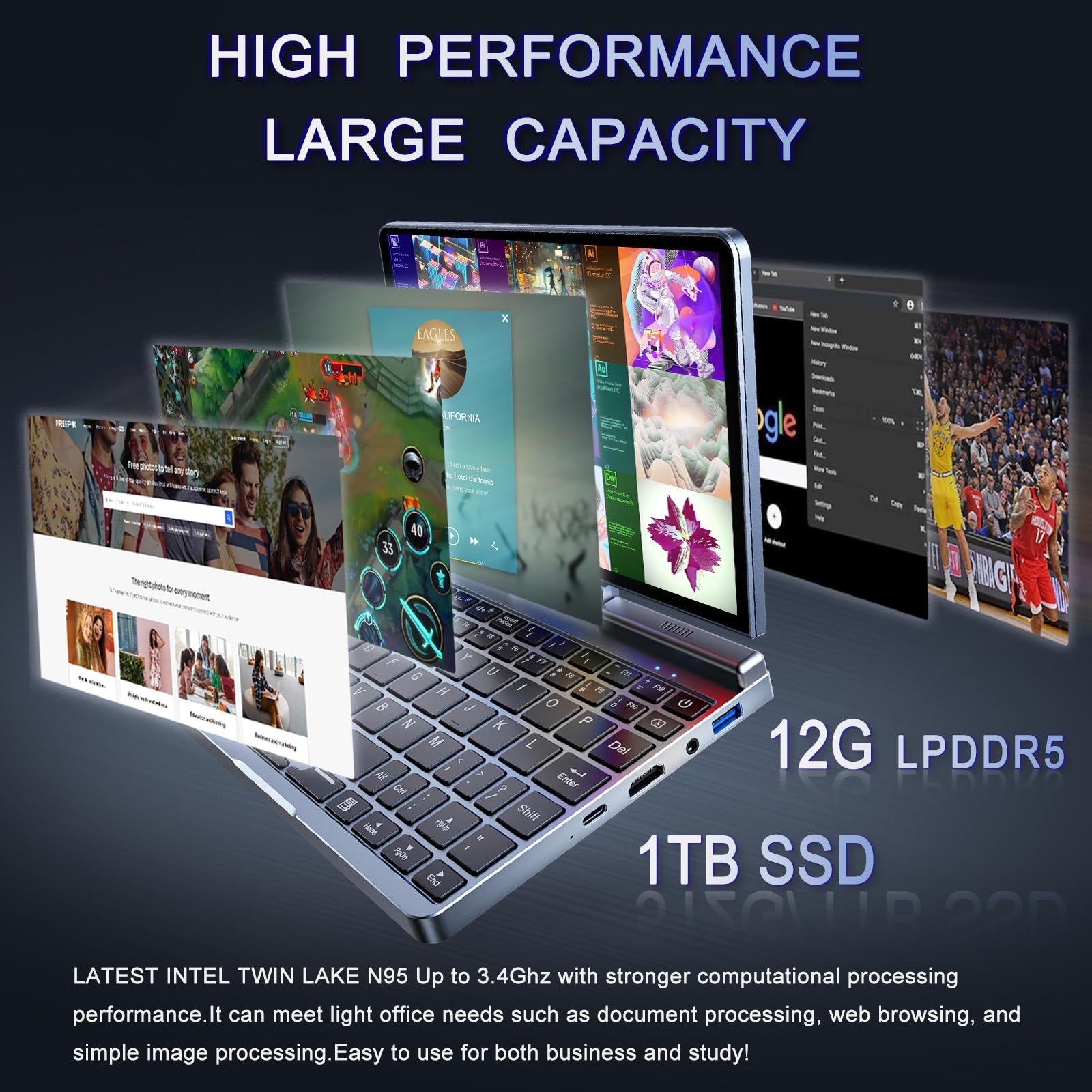Ordinateur Portable Mini 8" 2-en-1 Tactile, Win 11, N95 (3.4 GHz), 12 Go RAM 1 to SSD, Écran HD Rétroéclairé, Clavier Rétroéclairé, Wi-FI 6, USB-C, Ultra-Léger pour Travail/École/Maison
