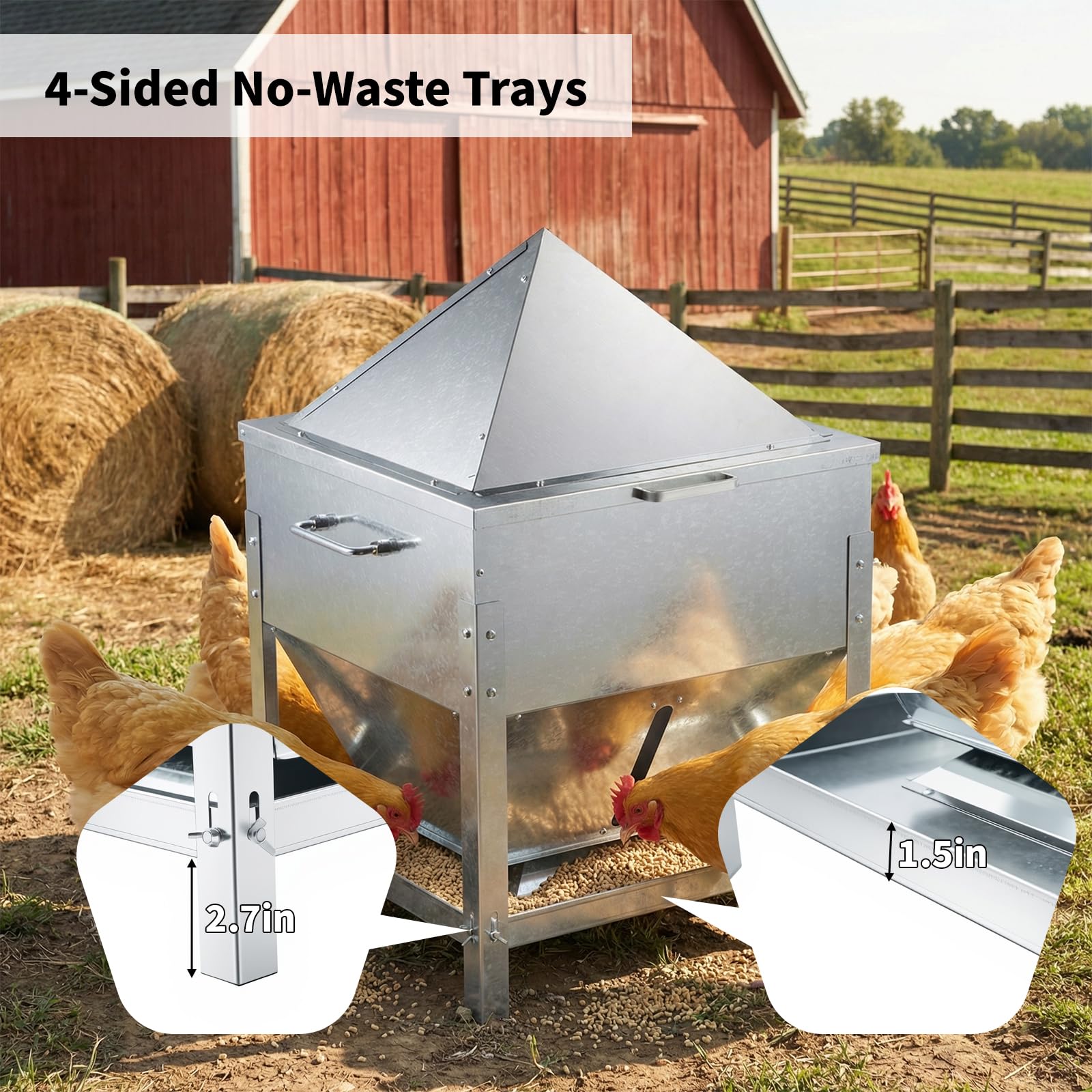 Comedero automático de pollo, comedero de pollo de gran capacidad de 80 libras, comedero de aves de corral sin residuos con patas y tapa a prueba de lluvia, comederos de metal para aves de corral al