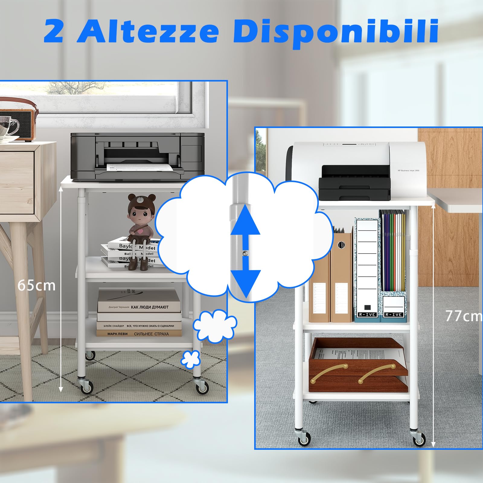 RELAX4LIFE Supporto per Stampante a 3 Livelli, Carrello Porta Stampante con Ruote Bloccabili e Altezza Regolabile, Tavolino Multiuso per Fax e Scanner, 49 x 40 x 65/77 cm (Bianco)