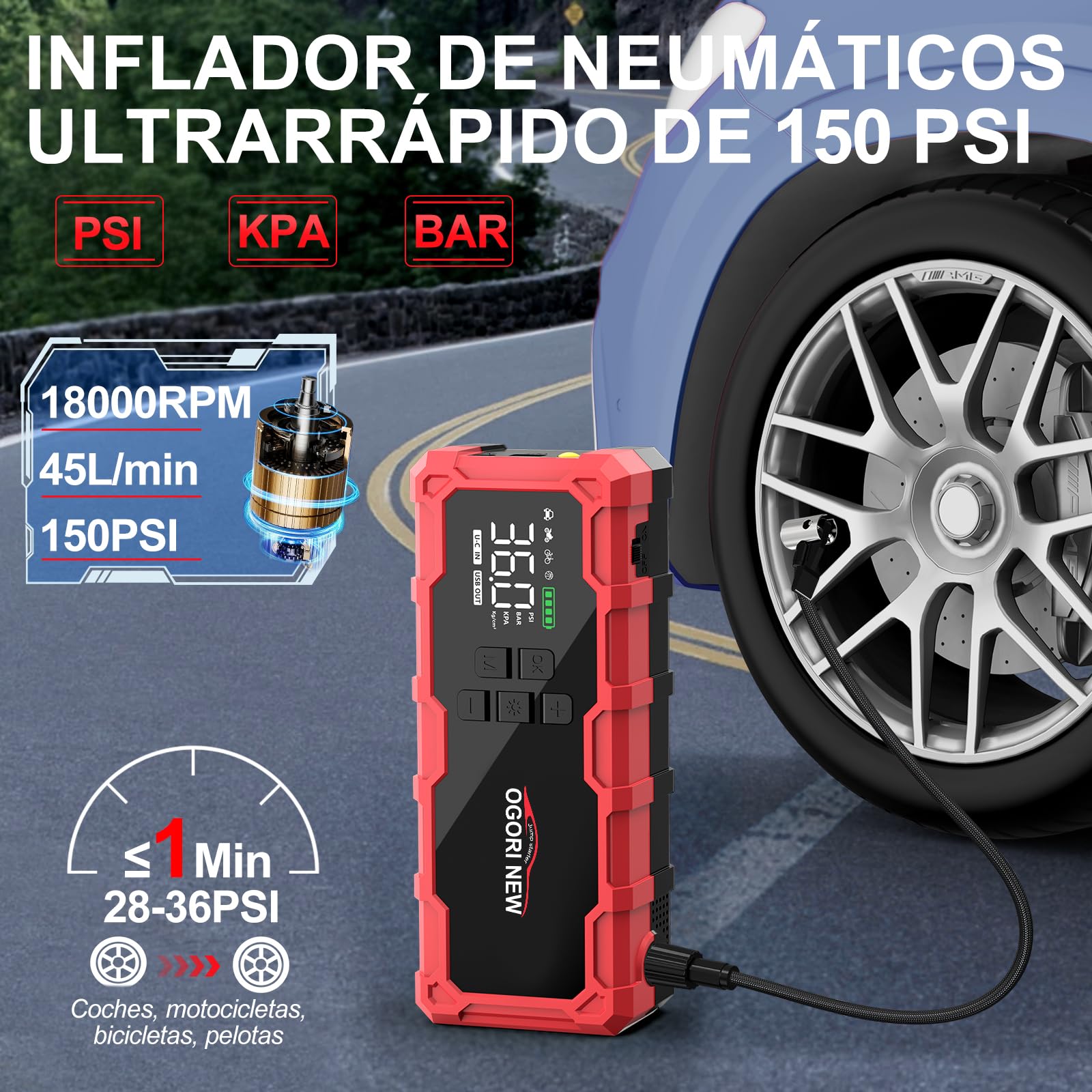 Arrancador de Coche 8000A,Arrancador de Baterias para Coche 12V con Compresor Aire Portatil(para 10L de Gasolina o 8L de Diésel),Jump Starter con Pinzas de Seguridad Inteligentes/luz LED