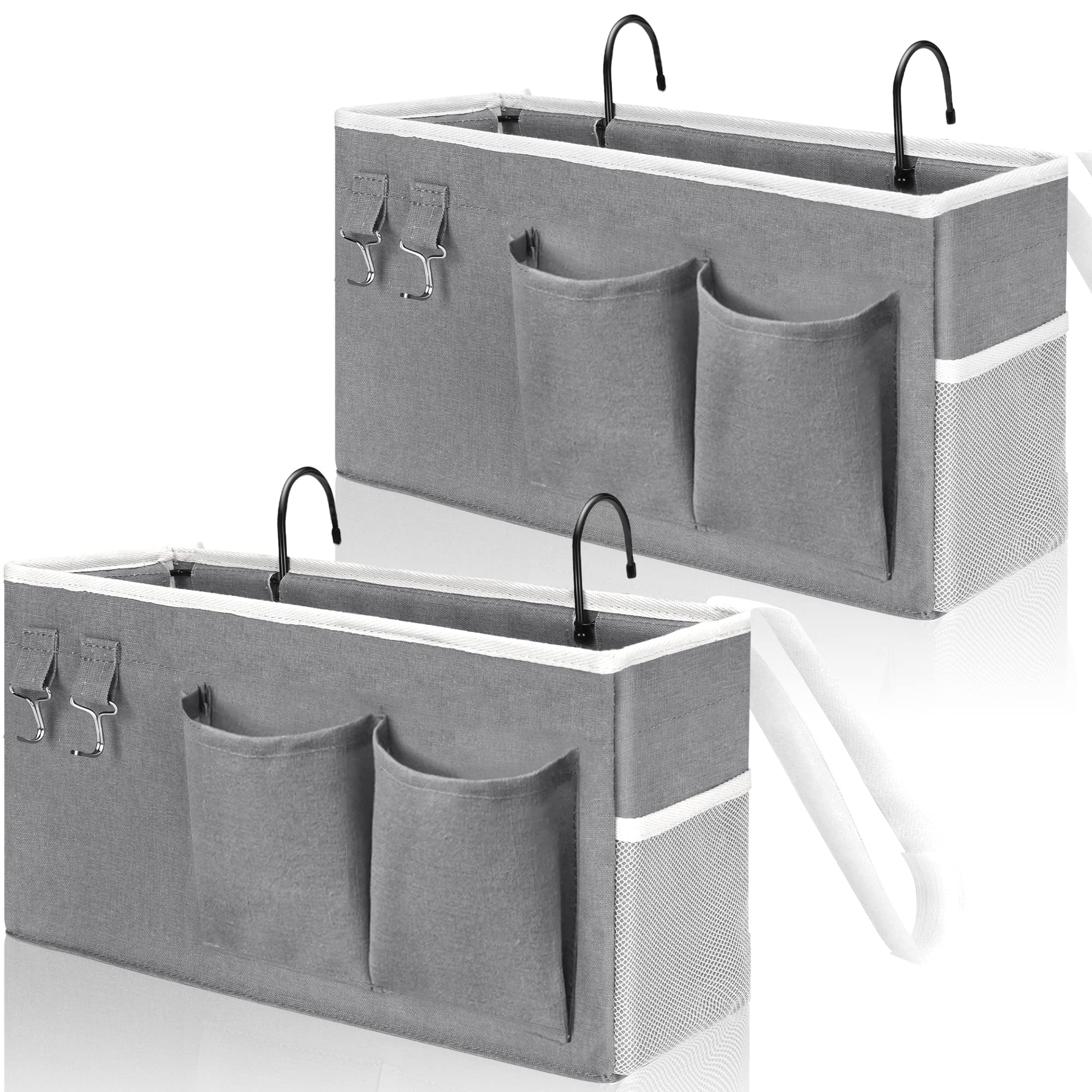 2pcs Bedside Caddy Hanging Storage Bag, Water Cup Holders, Organizer Baskets with Pockets for Bunk Bed Shelf, Hospital Beds, Loft & Dorm Rooms Accessories (Bedside bag-Grey)