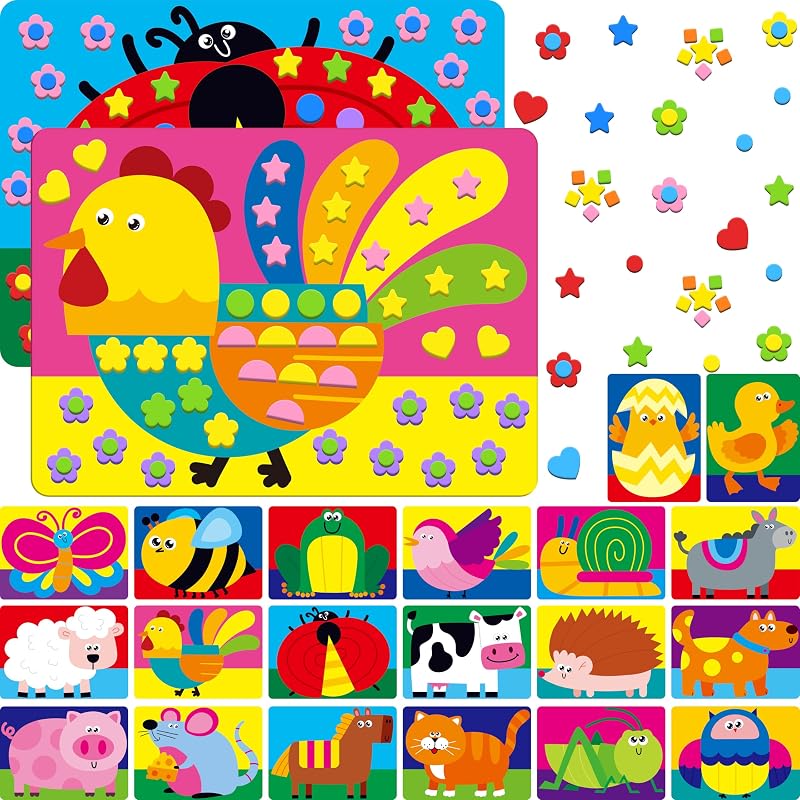 SpriteGru Foam Sticker Art Activity, 20 Farm Animal Art Boards with 1660 Foam Stickers in 10 Colors, Funny DIY Activity Creative Craft Kits Travel Game for Kids, Boys & Girls