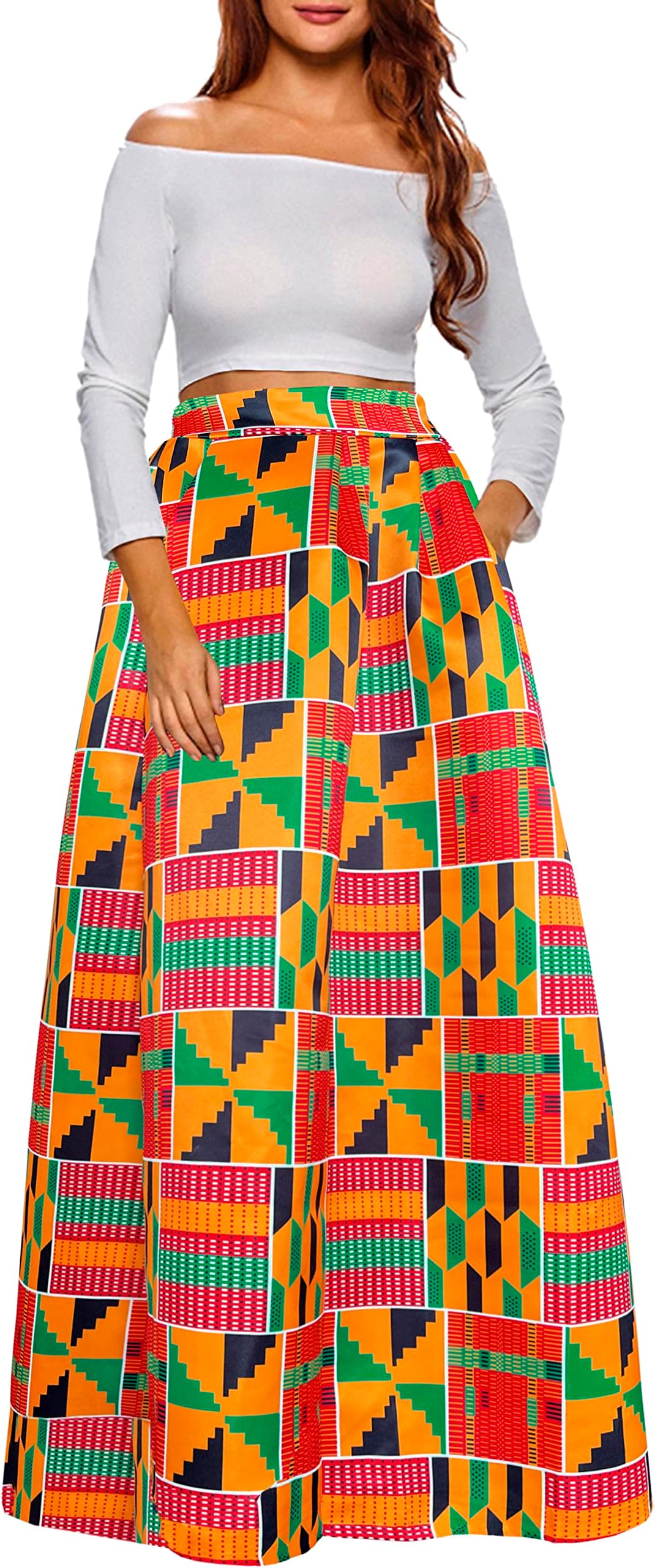 AfibiWomen African Printed Maxi Skirt Flared Skirt A Line Long Skirts with Pockets S-5XL