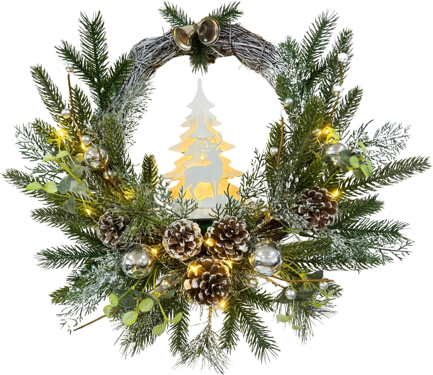 Svndlyn Flocked Christmas Wreath with Silver Ornaments Reindeer and Timer
