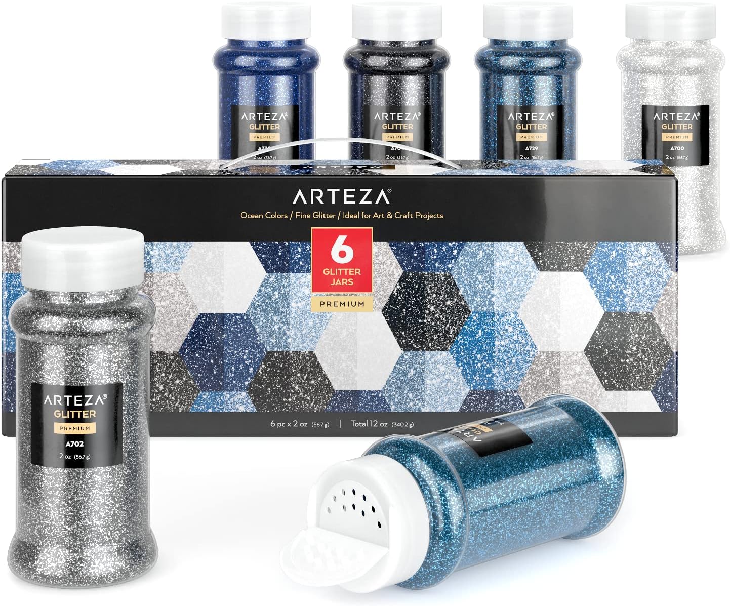 ARTEZA Fine Glitter Set, 6 Ocean-Tone Colors, 2 oz Shaker Bottles