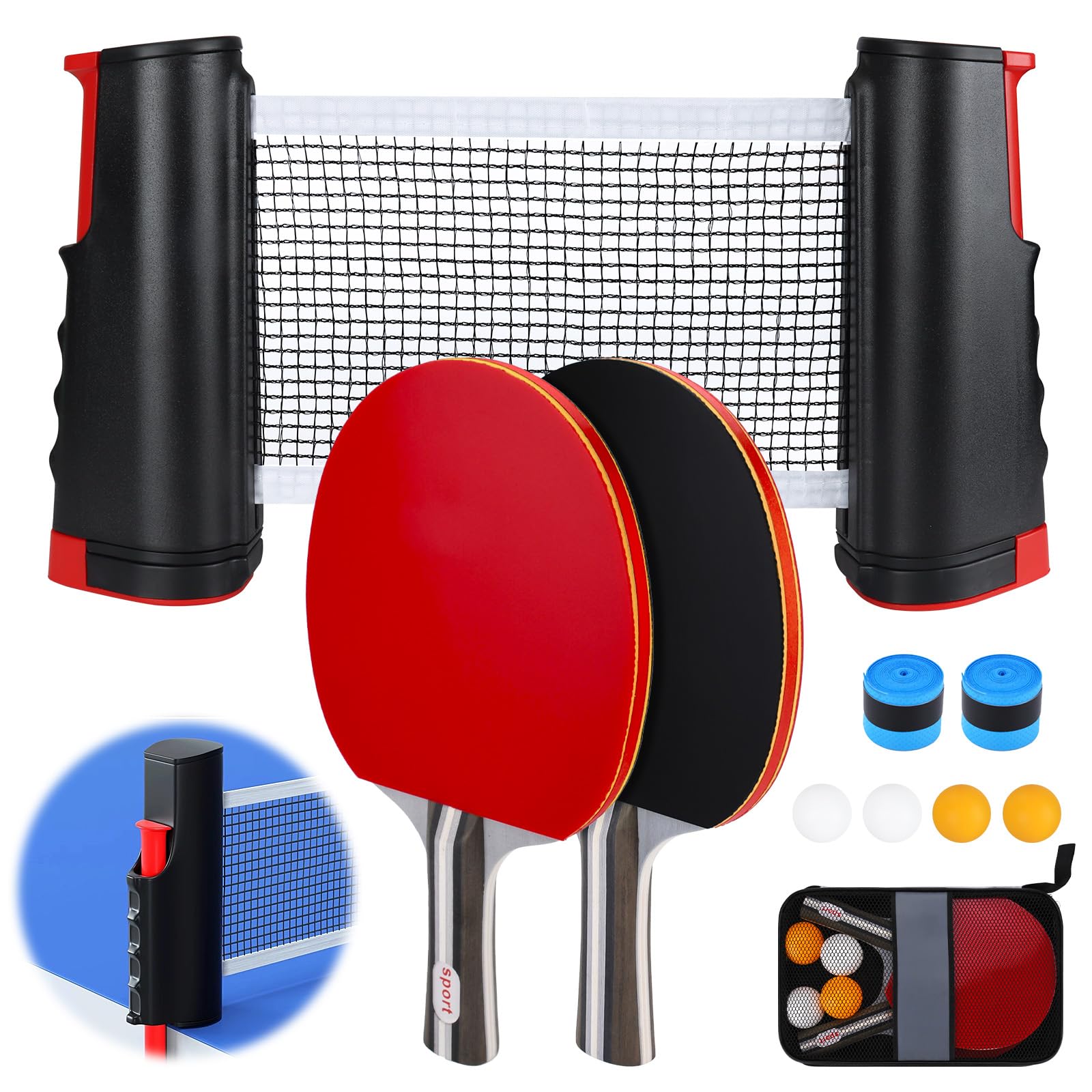 Set de Ping Pong, 2 Raquetas, 4 Pelotas, Red Plegable, Bolsa de Transporte