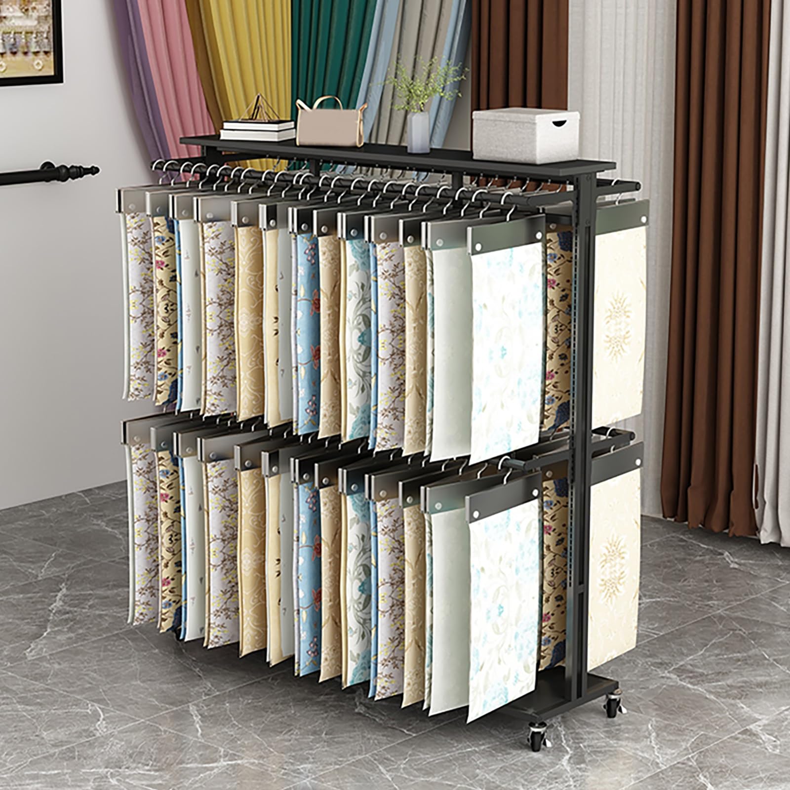 Présentoir métallique de tissus 150x40x155cm réglable noir pour rideaux et échantillons boutique
