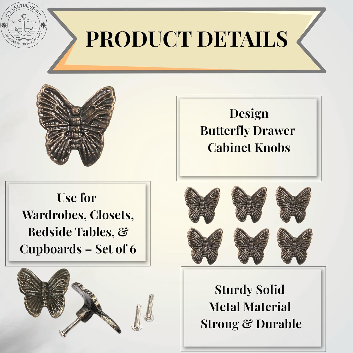 collectiblesBuy Vintage Butterfly Cabinet Knobs 2" Decorative Drawer Pulls for Dresser, Cupboard & Furniture Antique Style Handle Set of 6 for Home Decor Hardware