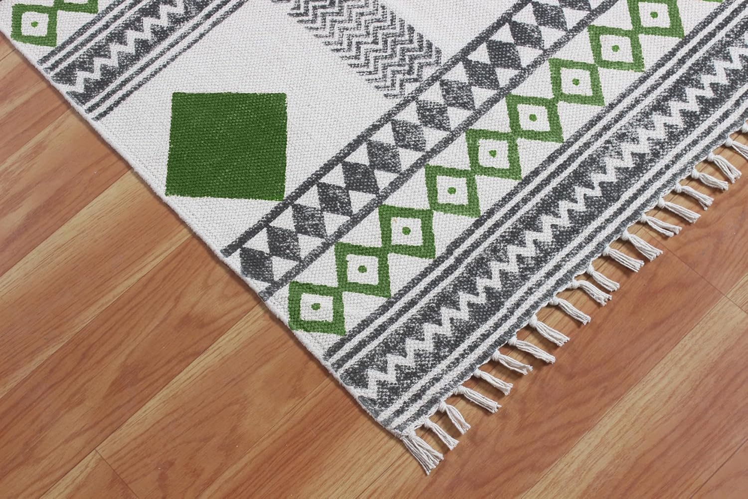 Runner - 2.6x20 Area Rug Kilim Rug Washable Rug Green & Beige Cotton Dhurrie Thick 0.19 inches Indoor Outdoor Rug Flatweave Rugs Home & Foyer Corridor Hallway & Stair Runner