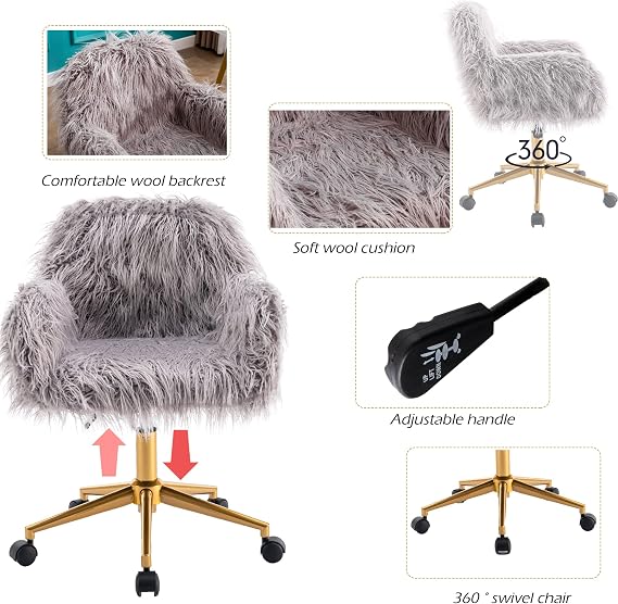 KCC Fluffy Desk Chair, Faux Fur Modern Swivel Armchair with Wheels,Gray | Home Office Chair Soft Comfy Fuzzy Elegant Accent Makeup Vanity Chairs for Women Girls,Living Room Dressing Room Bedroom