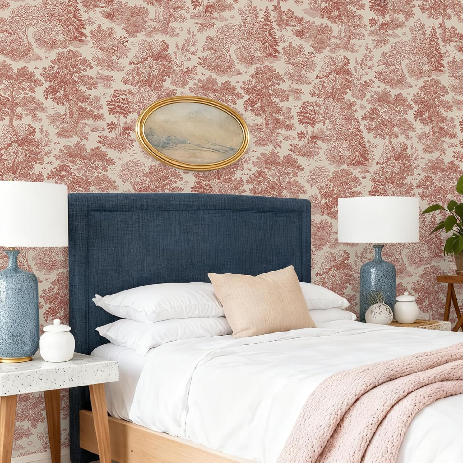 VEELIKE Red Toile Peel and Stick Wallpaper Vintage Landscape Forest Wallpaper for Bedroom Bathroom Accent Wall 17.7''x118'' French Country Toile Wall Paper Prepasted Self Adhesive Forest Contact Paper