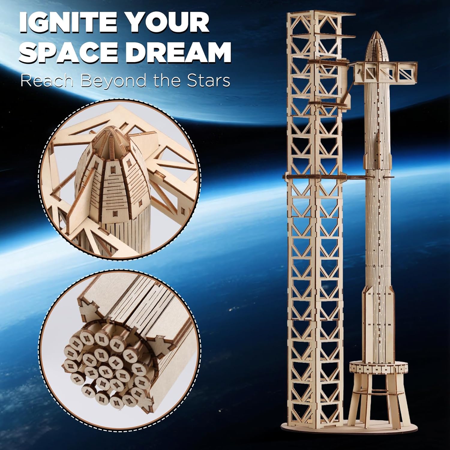 SainSmart Jr. 3D Wooden Puzzles for Adults - SpaceX Starship Super Heavy Booster, DIY Rocket Model Kit & STEM Educational Toy, Unique Desk Decor for Adults and Teenager Space Lovers