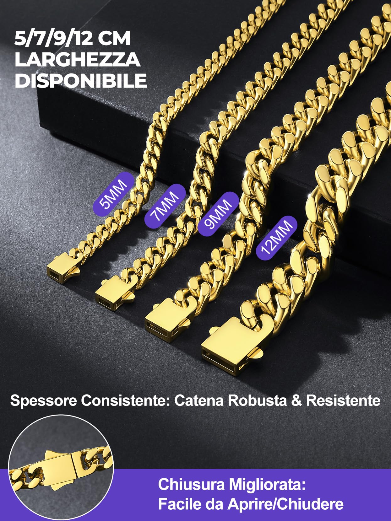 Richsteel Collana Uomo Catena Cubana Spessa Hiphop Punk 5/7/9/12 MM Fibbia Comoda Conveniente Collana Uomo Acciaio Inox Nero Oro Antiallergico Impermeabile Alta Qualità Regalo Rgazzo Padre