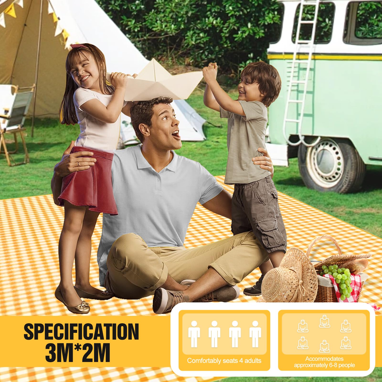 300cm*200cm Coperta picnic impermeabile，Stuoia Campeggio，Portatile Tappetino da Spiaggia Pieghevole,Coperta da Picnic con Manici per Campeggio All'aperto,Viaggi,Parchi，Spiaggia, Prato (Giallo)