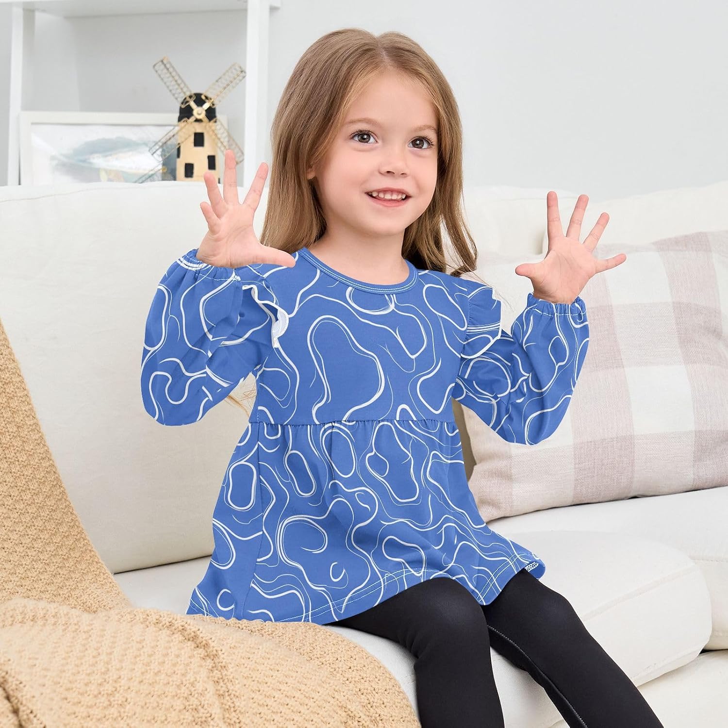 visesunny Toddler Clothes for Girls Light Blue Contour Lines Long Sleeve Fall Shirts Cotton Top with Ruffle Collar