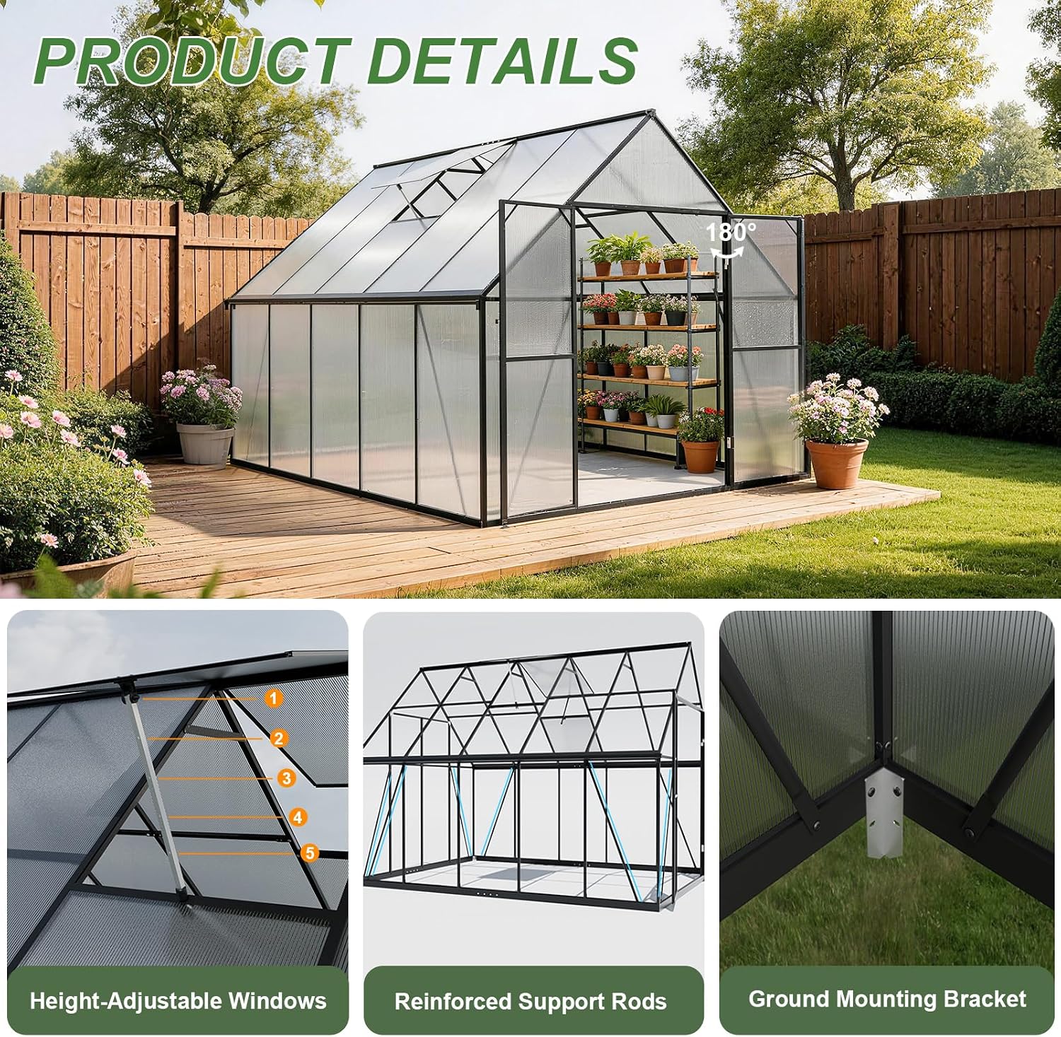 Greenhouse features including height-adjustable windows, reinforced support rods, and ground mounting bracket