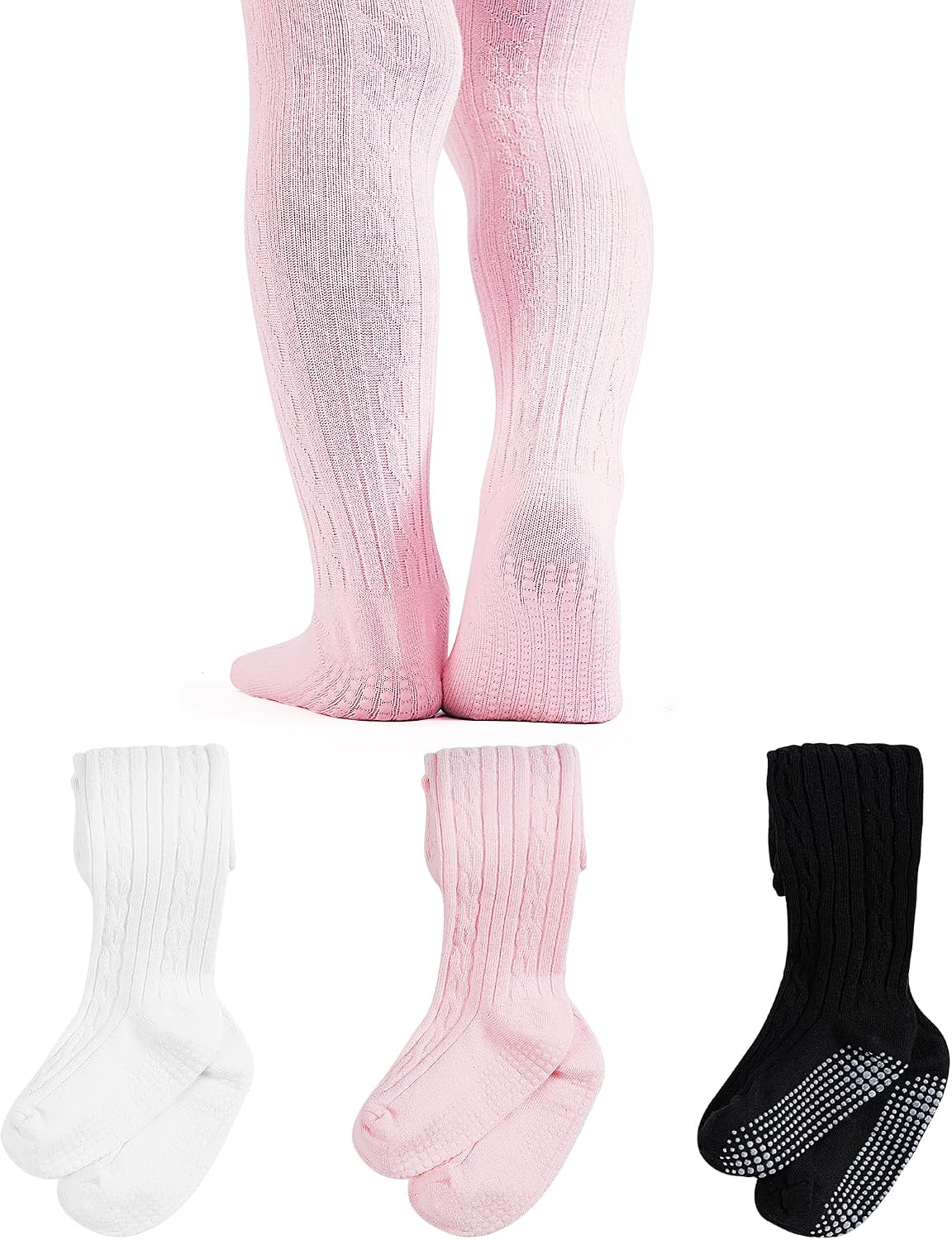 ZERULETS Baby Girl Tights Non Slip Skid Cable Knit Leggings Stockings Cotton Thick Warm Pantyhose for Toddler 3 Pack