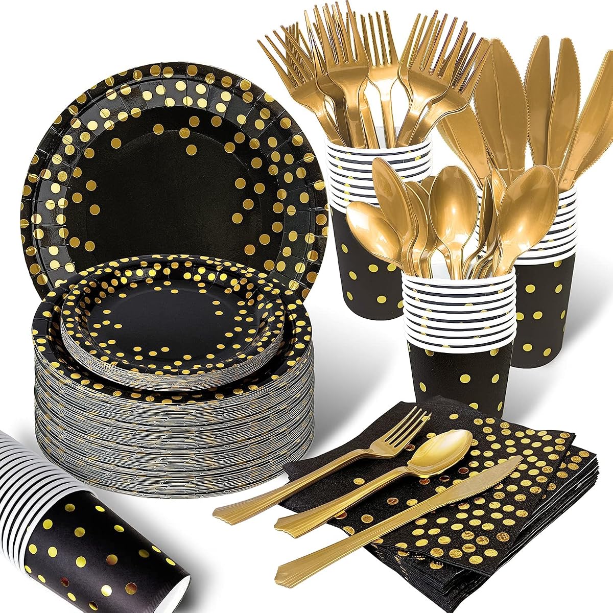 AIRE Juego de platos de papel dorado negro, 175 piezas de vajilla desechable para 25 | Papel grueso apto para uso alimentario, ideal para bodas elegantes, graduaciones de cumpleaños, suministros para fiestas ecológicos y resistentes a fugas.