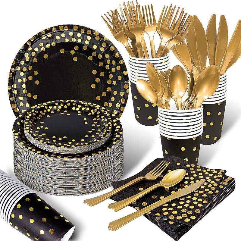 AIRE Black Gold Paper Plates Set, 175PCS Disposable Dinnerware Serves 25 | Thick food-grade paper,ideal for elegant weddings birthday graduations,leakproof heavy-duty,eco-friendly party supplies
