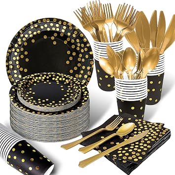 AIRE Black Gold Paper Plates, 350PCS Disposable Dinnerware Set for 50 | Thick food-grade paper,ideal for elegant weddings birthday graduations,leakproof heavy-duty,eco-friendly party supplies