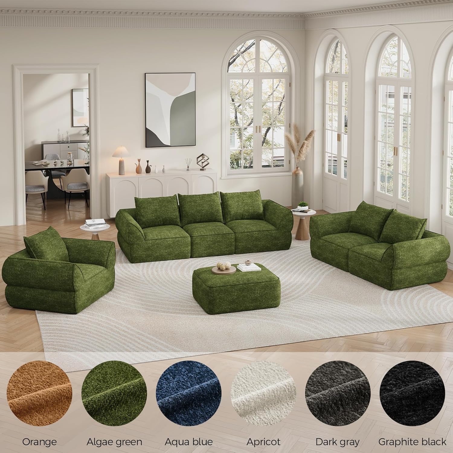 132" Modular Sectional Sofa with Deep Seat, U-Shaped Cloud Couch for Living Room, 4-Seater Boneless Sofa with 2 Ottomans, Flexible Combination Modern Upholstery Sofa, No Assembly Required, Algae Green