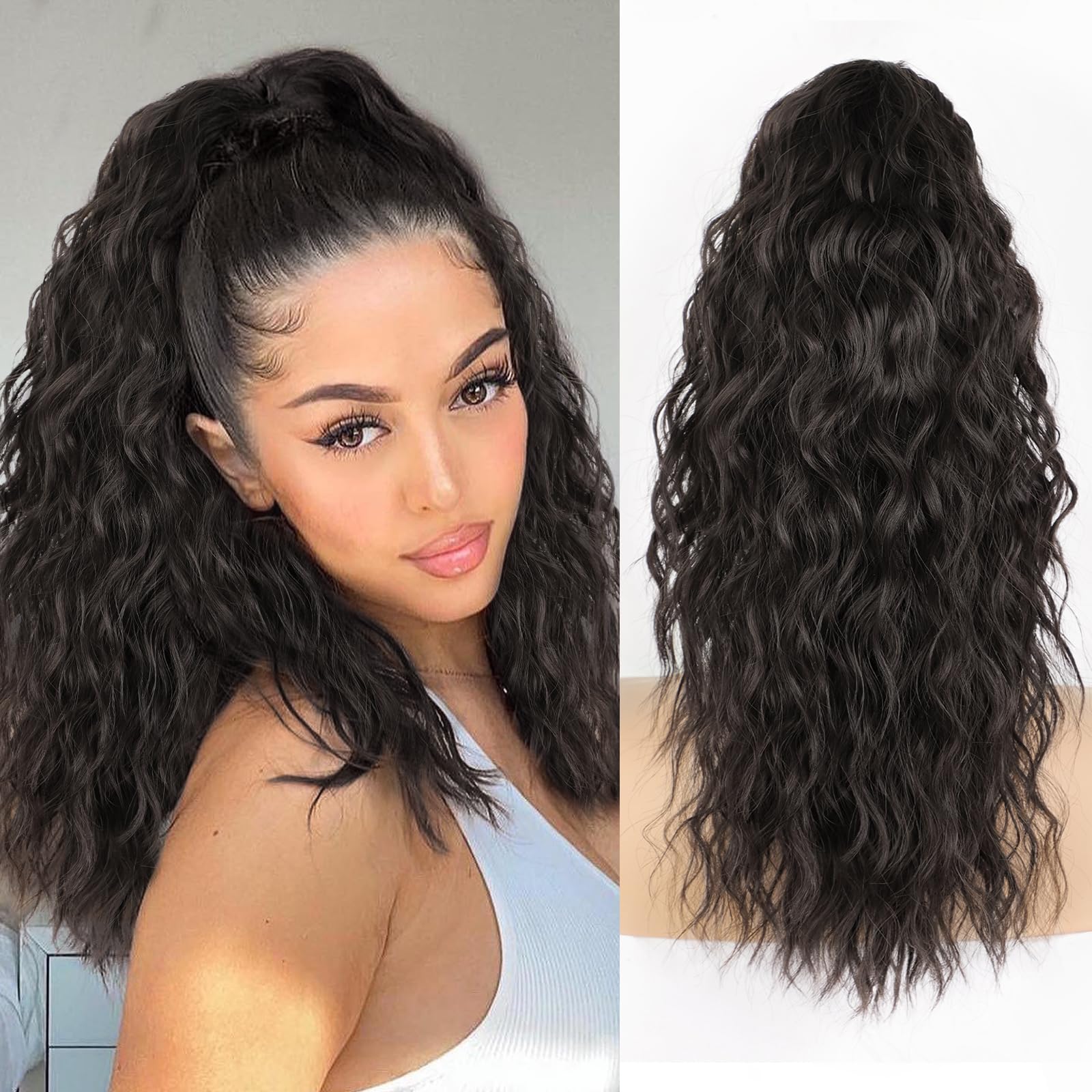 ALXNAN Claw Clip Ponytail,18 Inch Black Brown Ponytail Extension for Women Synthetic Long Curly Wavy Clip in Ponytail Hair Extensions Synthetic