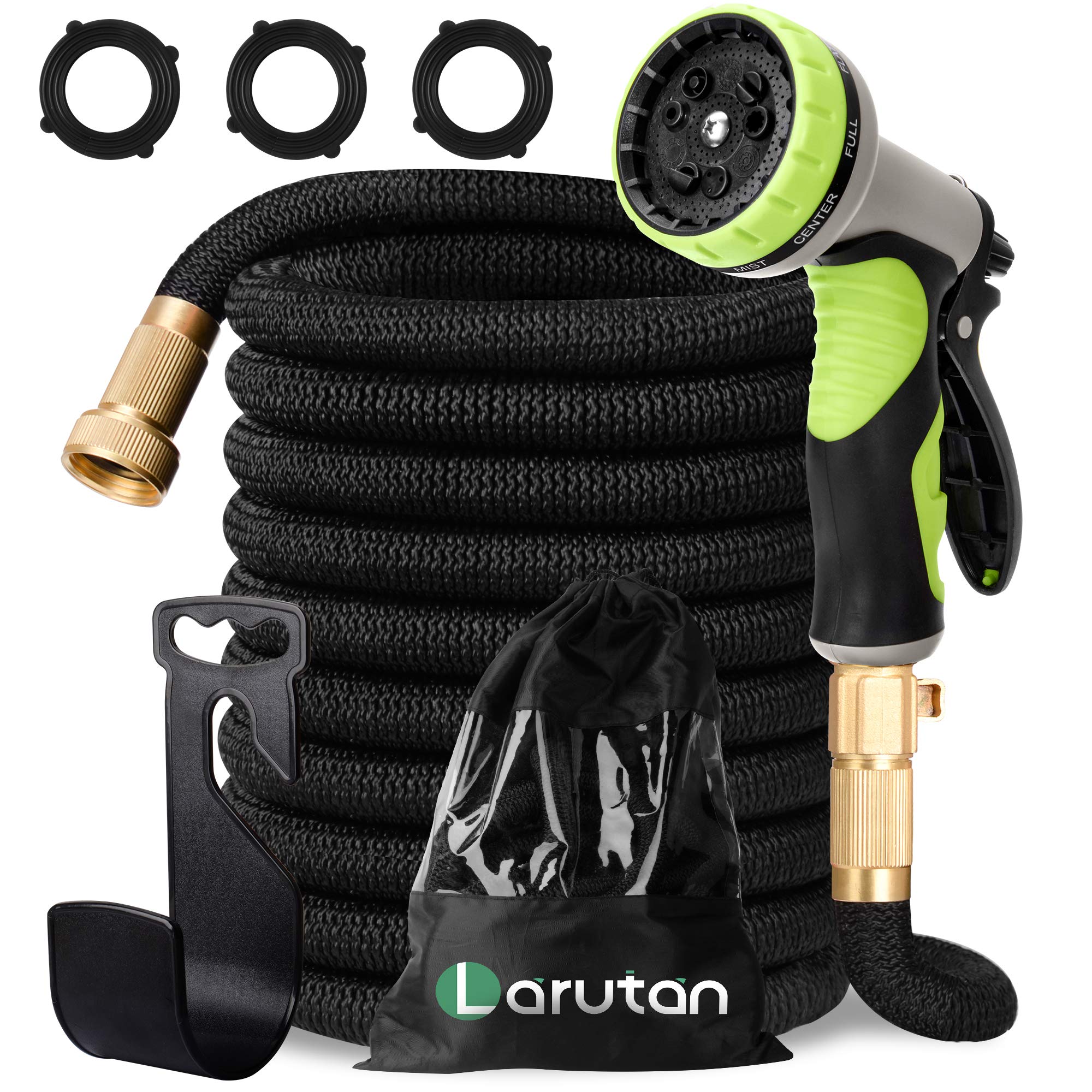 LARUTAN Garden Hose- 100FT Expandable Water Hose -Strongest Triple Core Latex -3/4" Solid Brass Fittings- No-Kink Flexible Water Hose with 9 Function Sprayer-Superior Strength 3750D Hose