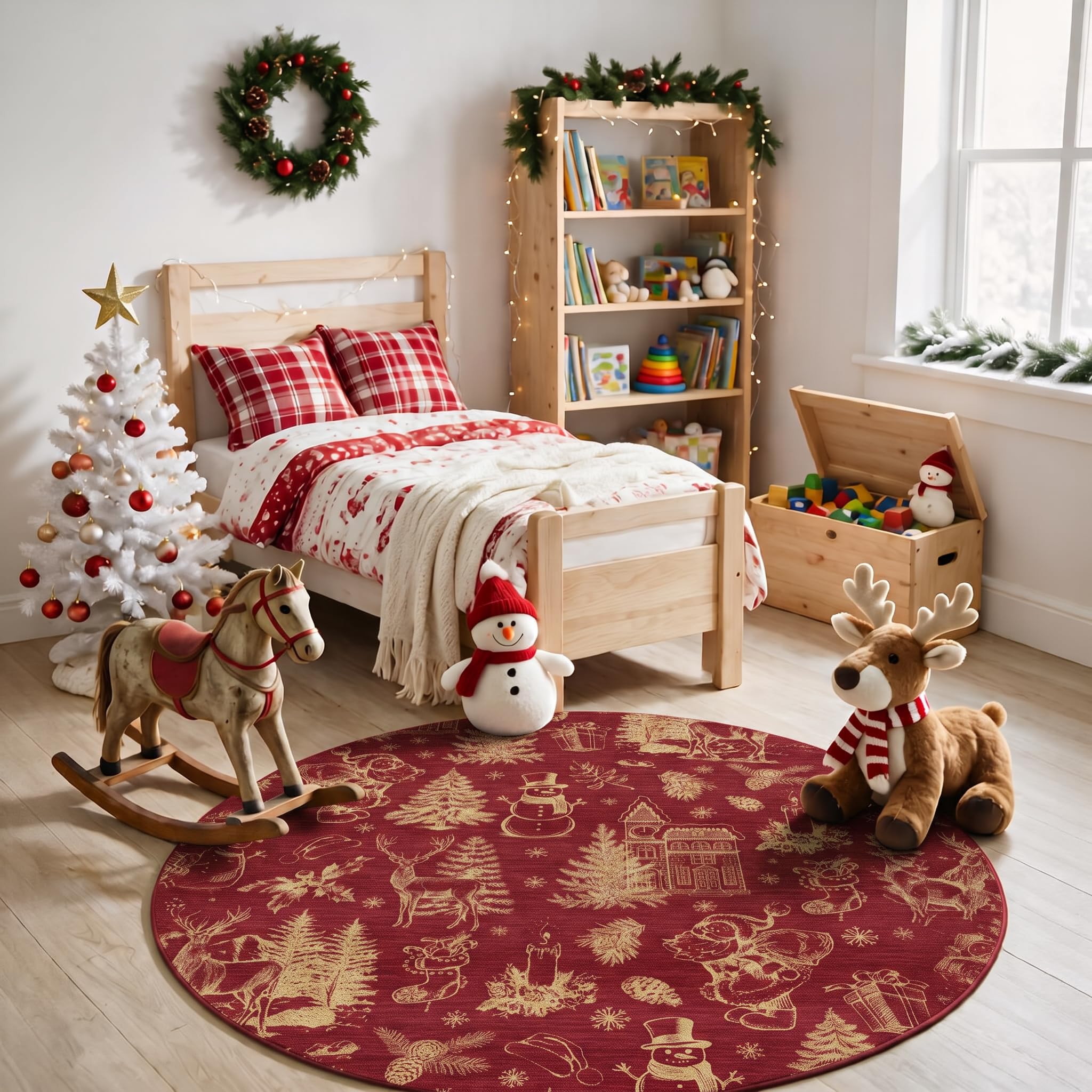 FairyStyle Christmas Round Rug 120×120 cm for Kitchen Washable Red Gold
