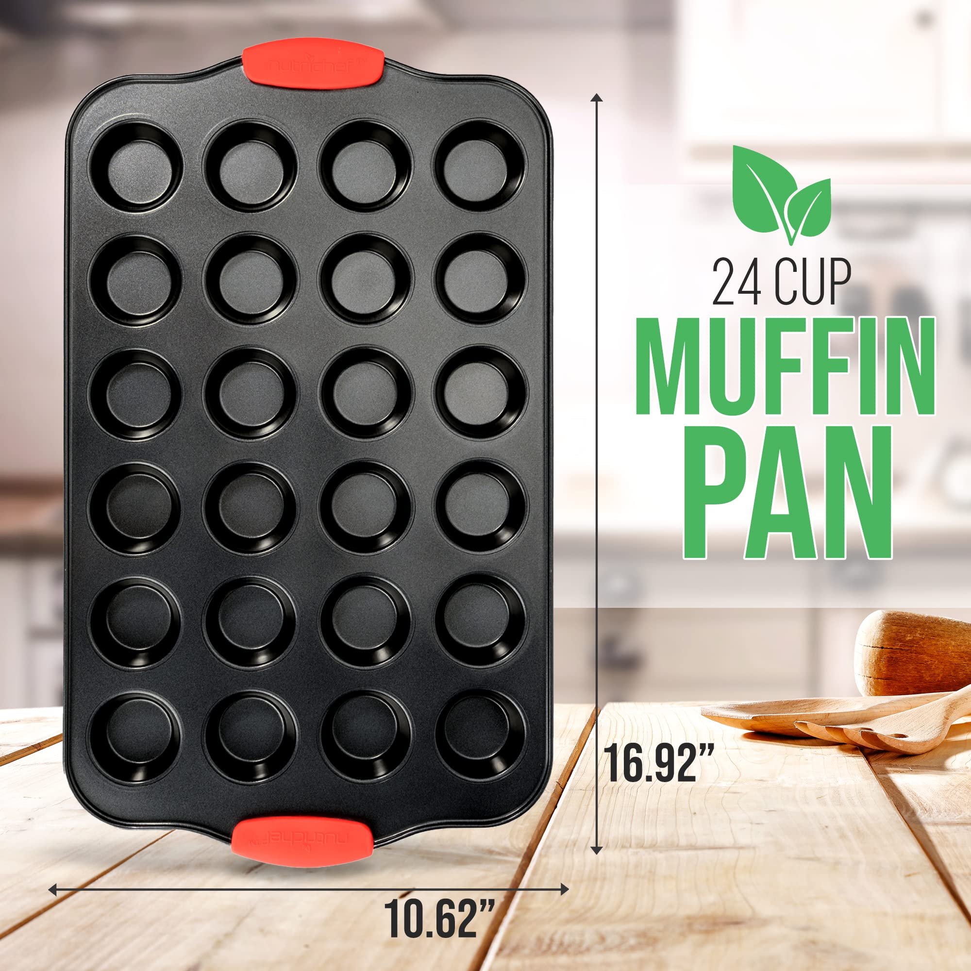 NutriChef Teglia da forno antiaderente per muffin da 24 tazze con manici in silicone rosso, attraente teglia da forno in acciaio al carbonio grigio, qualità da ristorante in metallo di qualità