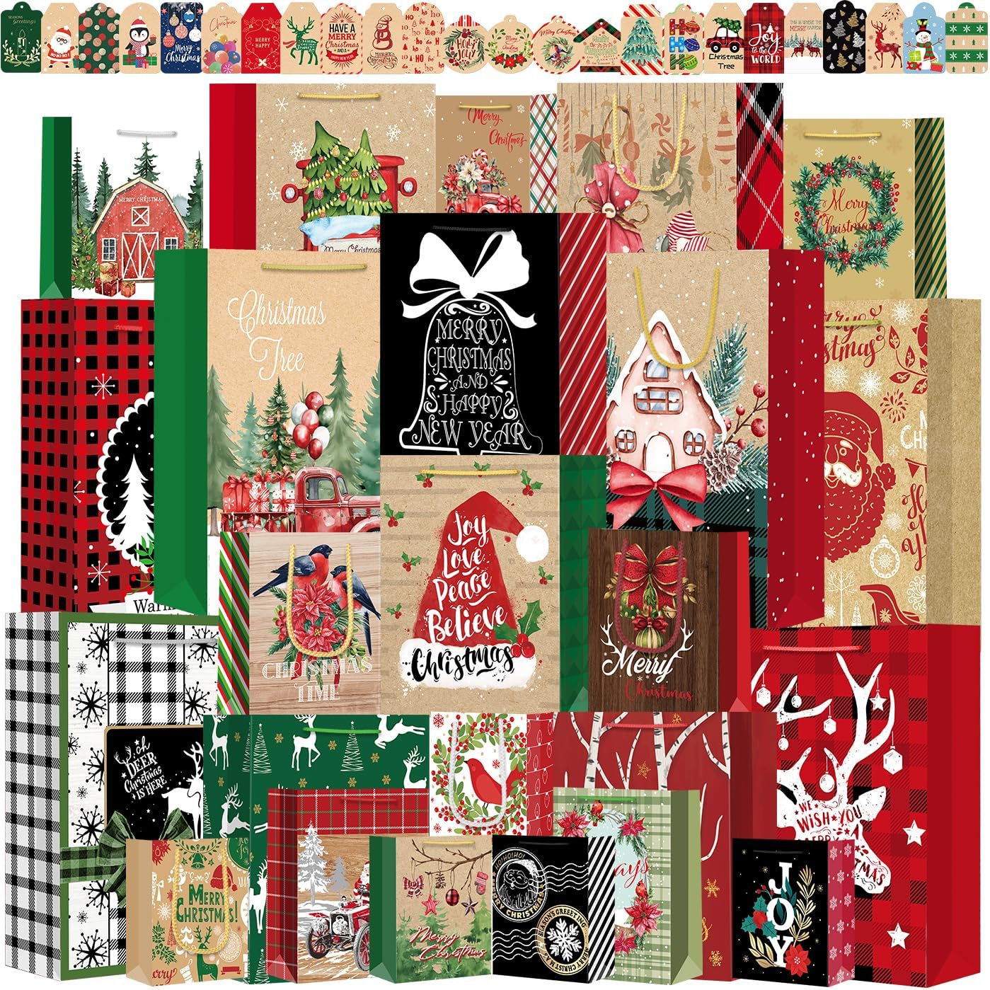 24Pack Christmas Gift Bags Assorted Sizes with 24 Christmas