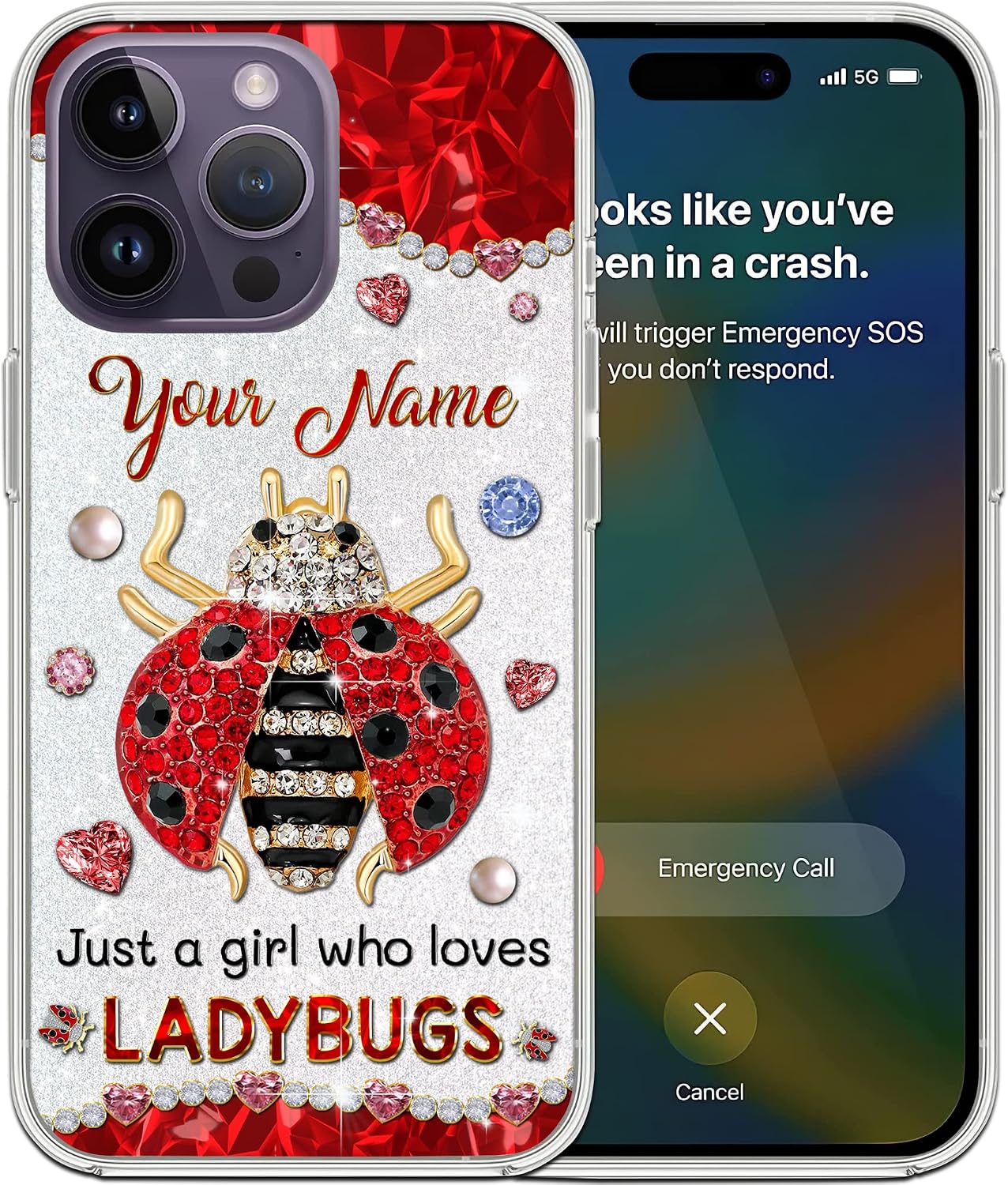 Personalized Ladybugs Jewelry Style Phone Case Custom Name Protective Clear Compatible with iPhone 15 14 13 12 11 X Xs Xr 8 7 Mini Pro Max