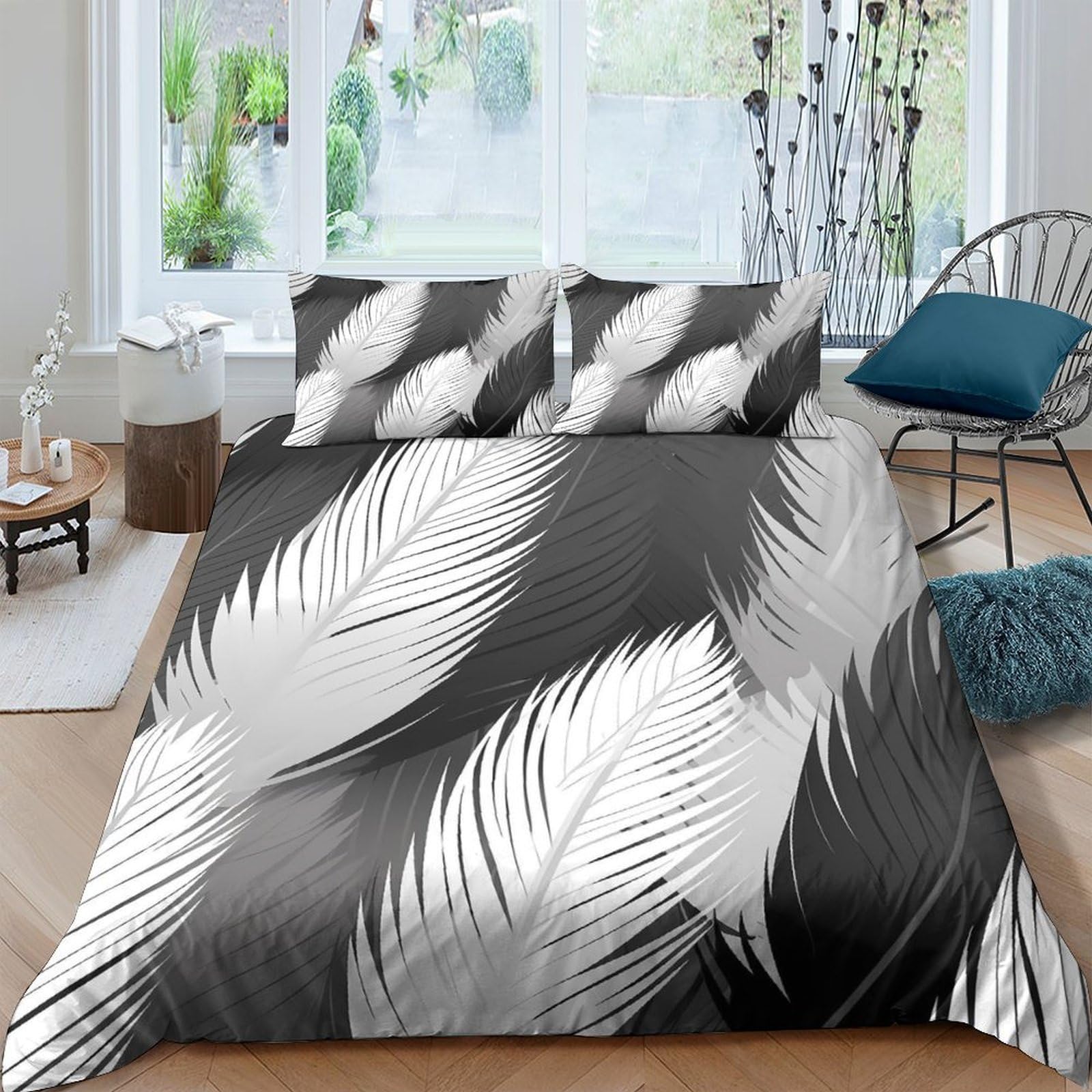 Ctjqhvkz Style-8 3D Printed Black Feather Fitted Sheet Microfiber Soft Grey White Leaf Bed Cover Anti-Slip Washable For Bedroom Guest Room Single（135X200cm）