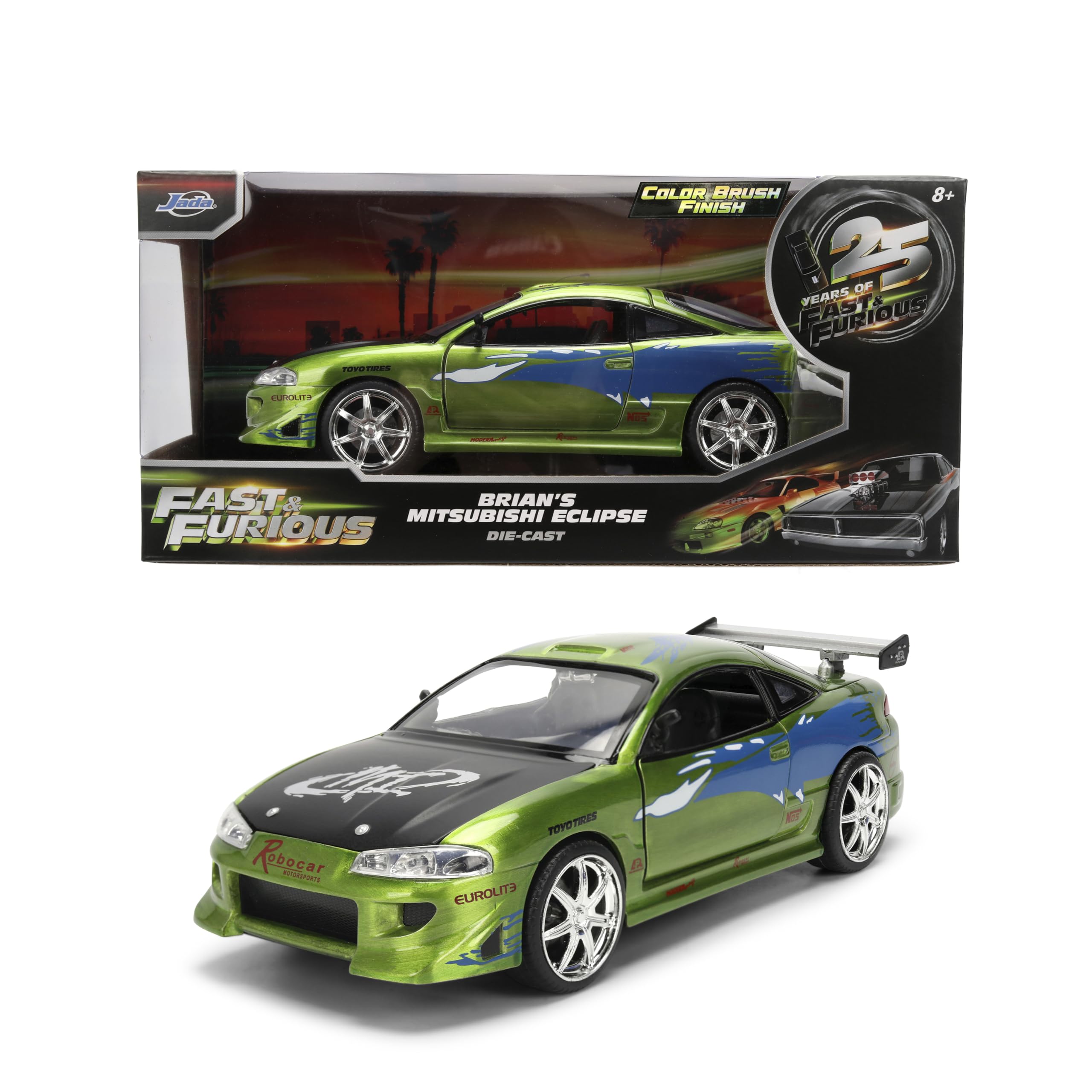 Jada Druckguss-Modellauto, kompatibel mit Fast & Furious 25th Anniversary Edition 1:24 Brians 1995, Mitsubishi Eclipse Pinsel, Farbe Finish