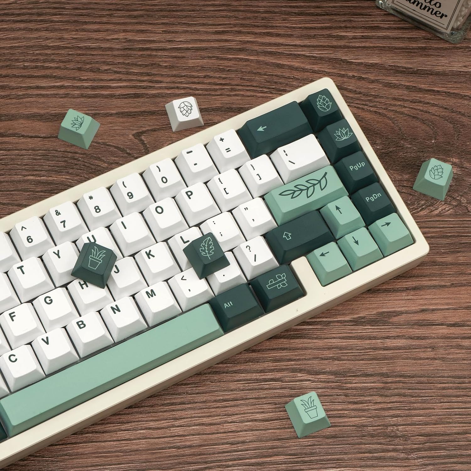 Matcha Green PBT Keycaps, Custom Botanical Japanese Keyboard Keycap, Dye Sub Cherry Profile Key Caps for 61/68/84/87/98/100 Cherry MX Mechanical Gaming Keyboards, 130 Keys