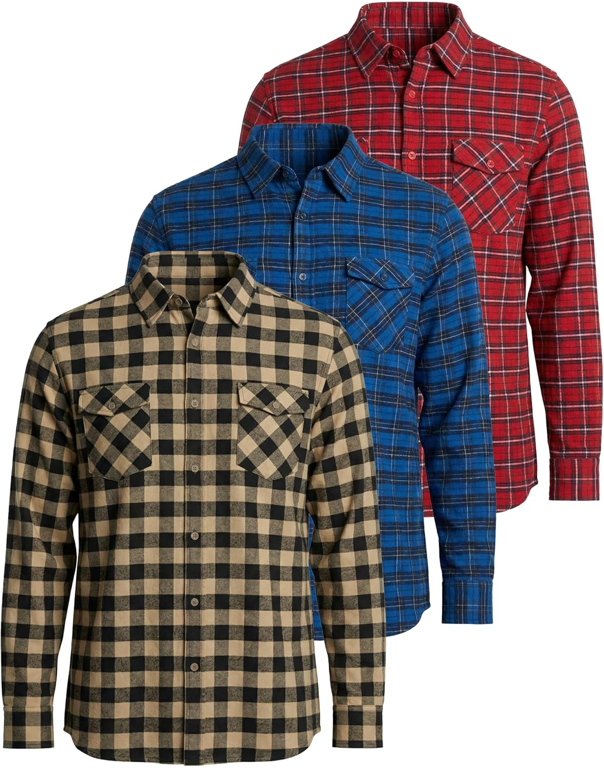 Real Essentials 3 Pack: Men's Long-Sleeve Flannel Button Down Plaid Casual Shirt (Available in Big & Tall)