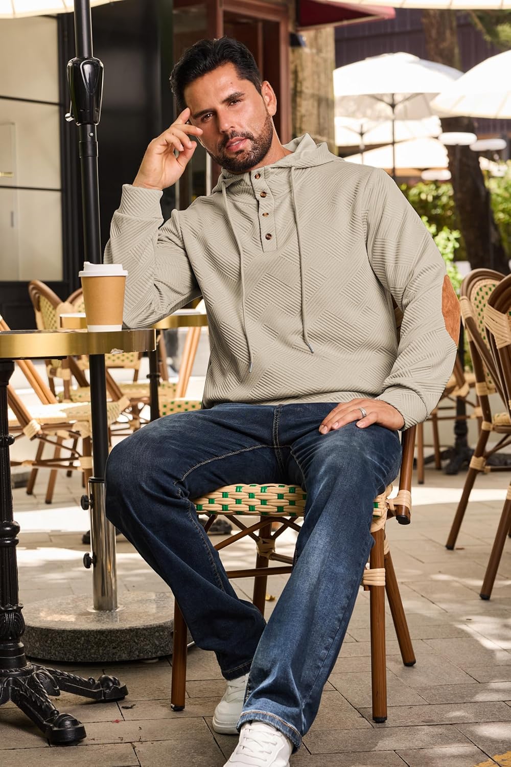 Mens Fashion Pullover Hoodies Long Sleeve Thermal Drawstring Button Texture Hooded Sweatshirt - Image 5