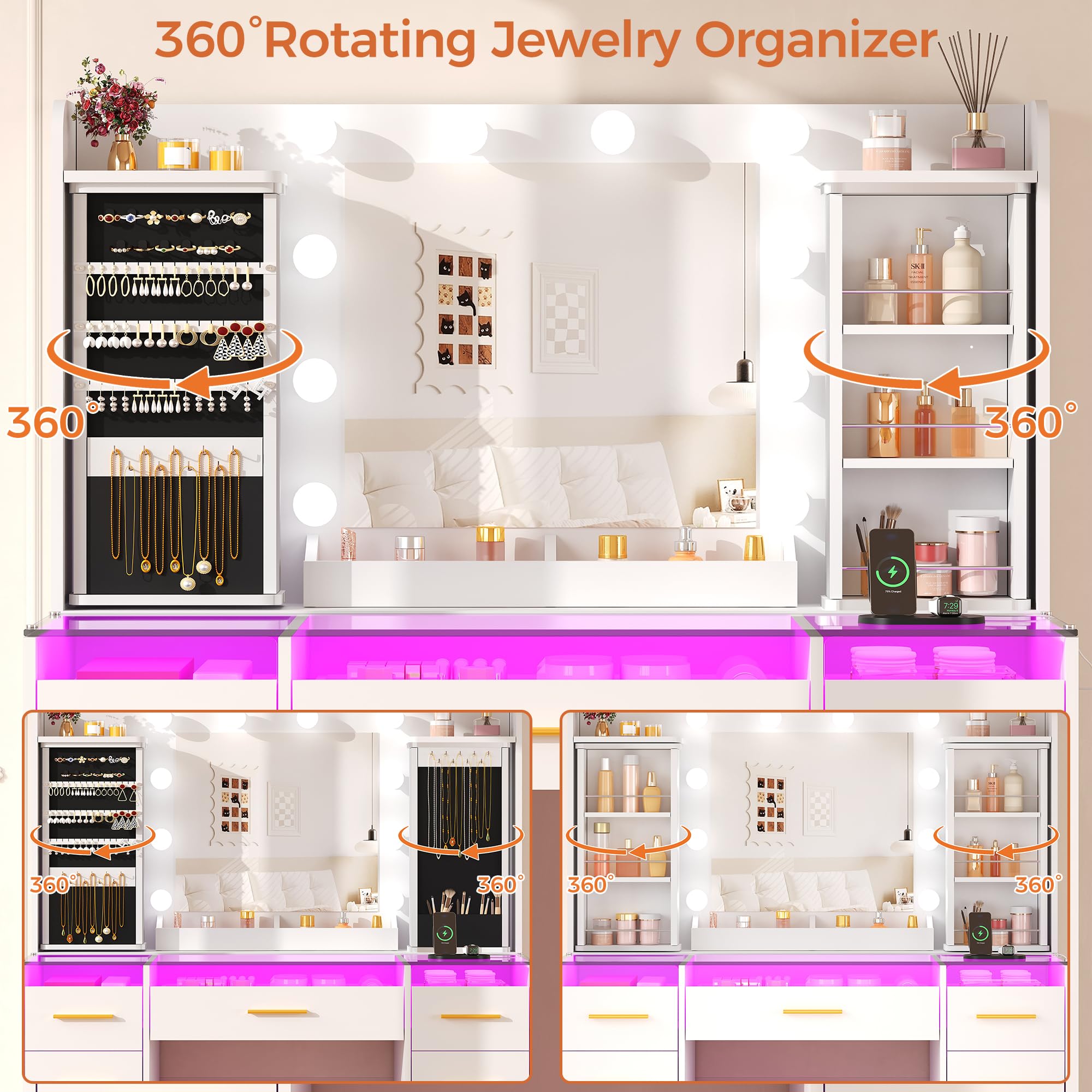 Tocador de Maquillaje con Organizador de Joyas Giratorio de 360° | Luces LED, Mesa de Maquillaje con Tablero de Vidrio,9 Cajones RGB,8 Estantes, Tocador con Enchufes Moderno Blanco EXFST005W