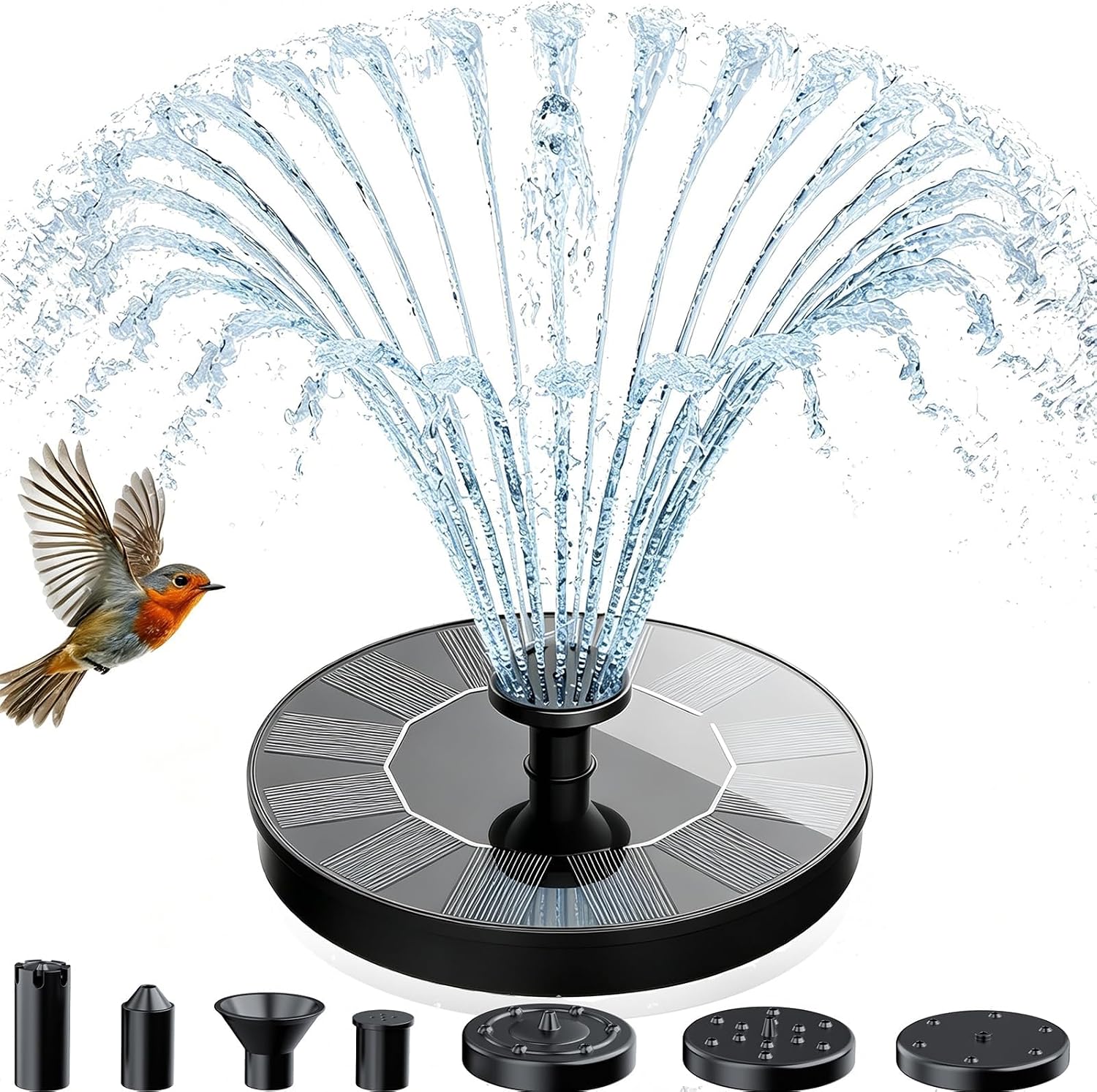 AMZtime Solar Bird Bath Fountain with 4 Stabilizing Rods & 6 Spray Patterns