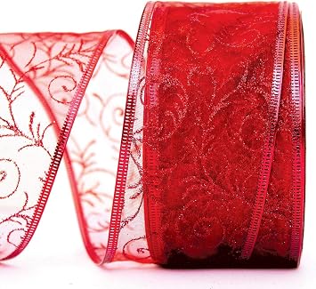Red Gift Ribbon Wired Christmas Wire Edged Ribbons 2.5 Inches Wide x 50 Yards for Xmas Tree Organza Sheer Glitter Gift Wrap, Crafts, Decor, Holiday Wrapping/Craft & Flowers Valentines Day Large Roll