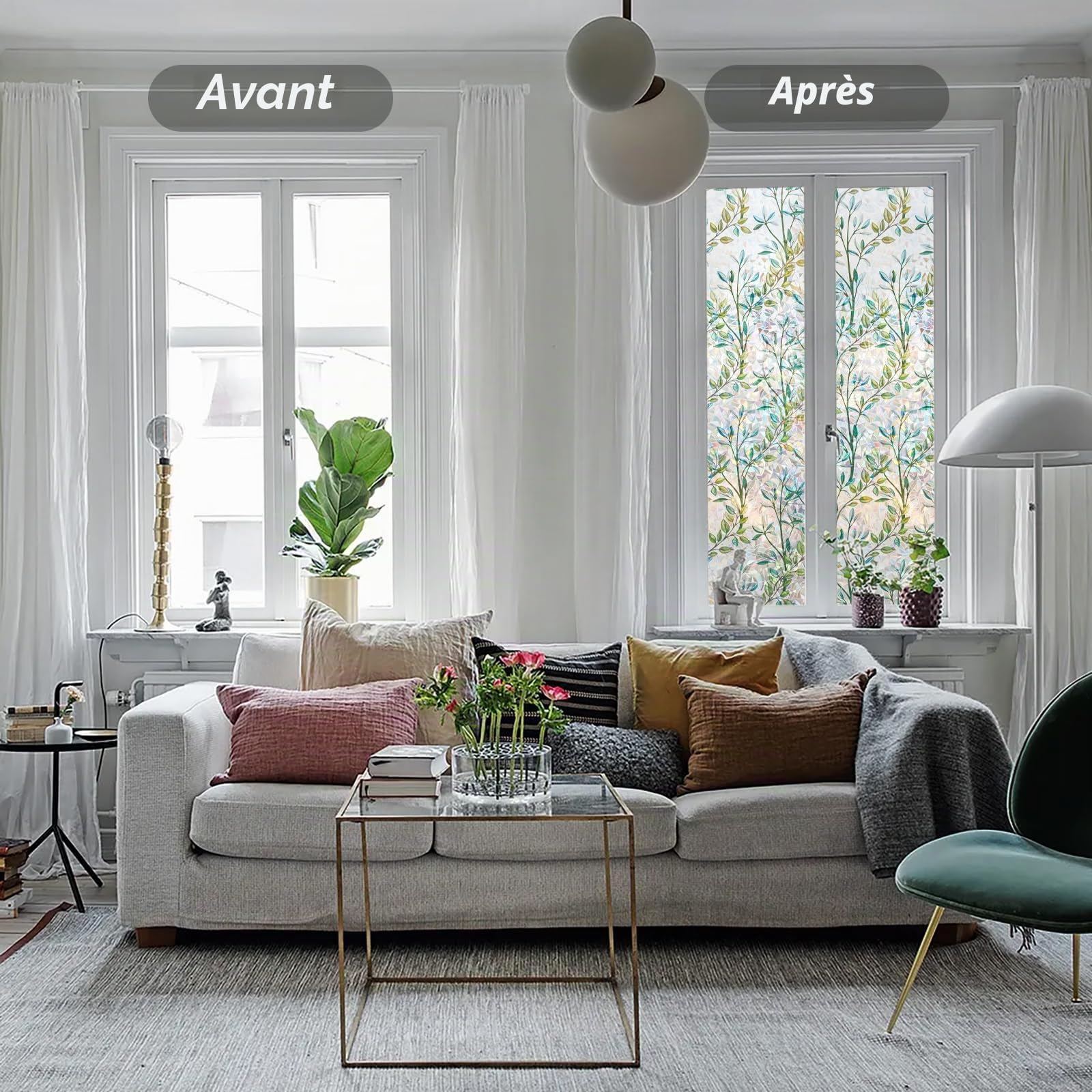 NINETREXFilm d'écran d'intimité pour fenêtre, Film décoratif 3D pour fenêtre, Film de Protection Solaire pour Porte vitrée, Couverture de fenêtre de décoration de Maison Non adhésive,90x400cm