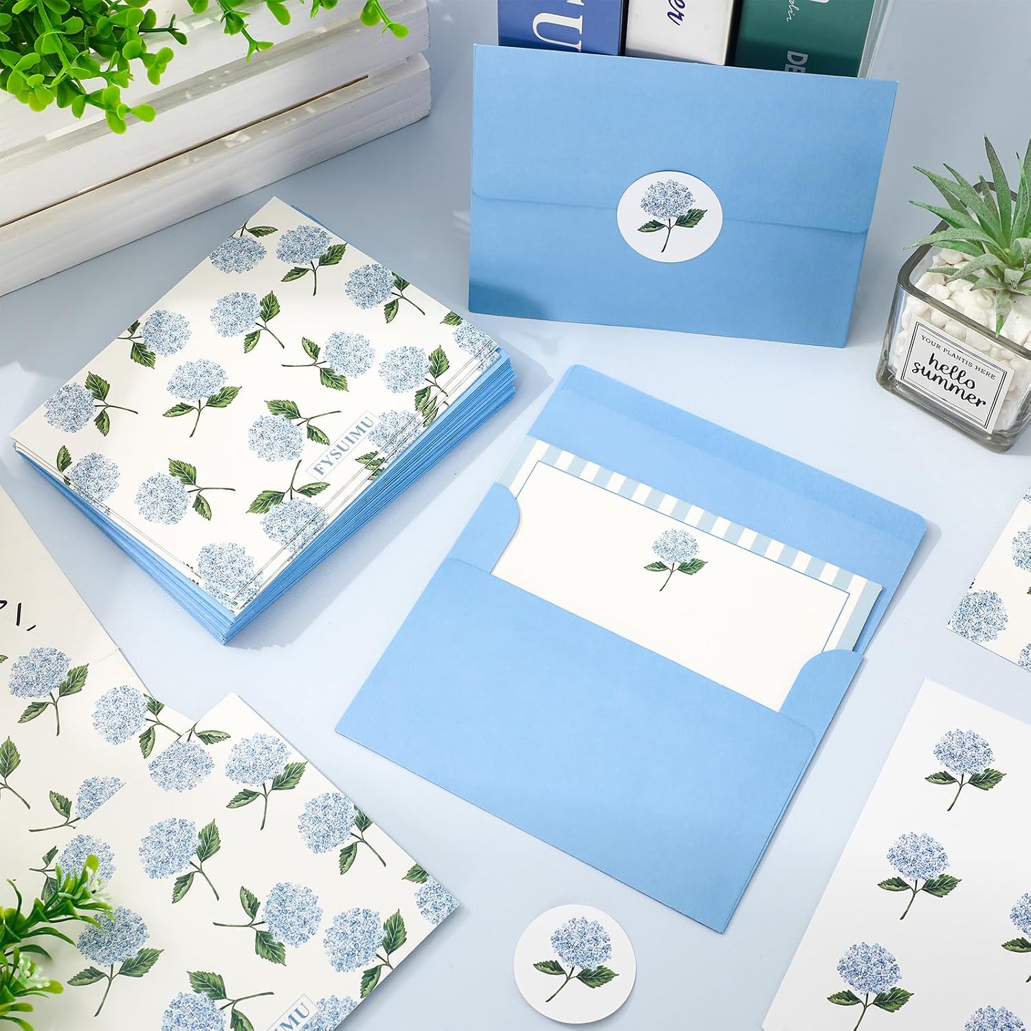 FYSUIMU 50 Pack Hydrangea Flower Stationery Cards with Envelope Sticker Blue Floral Stripe Blank Note Cards Greeting Card for Wedding Baby Shower Birthday Invitations Supplies