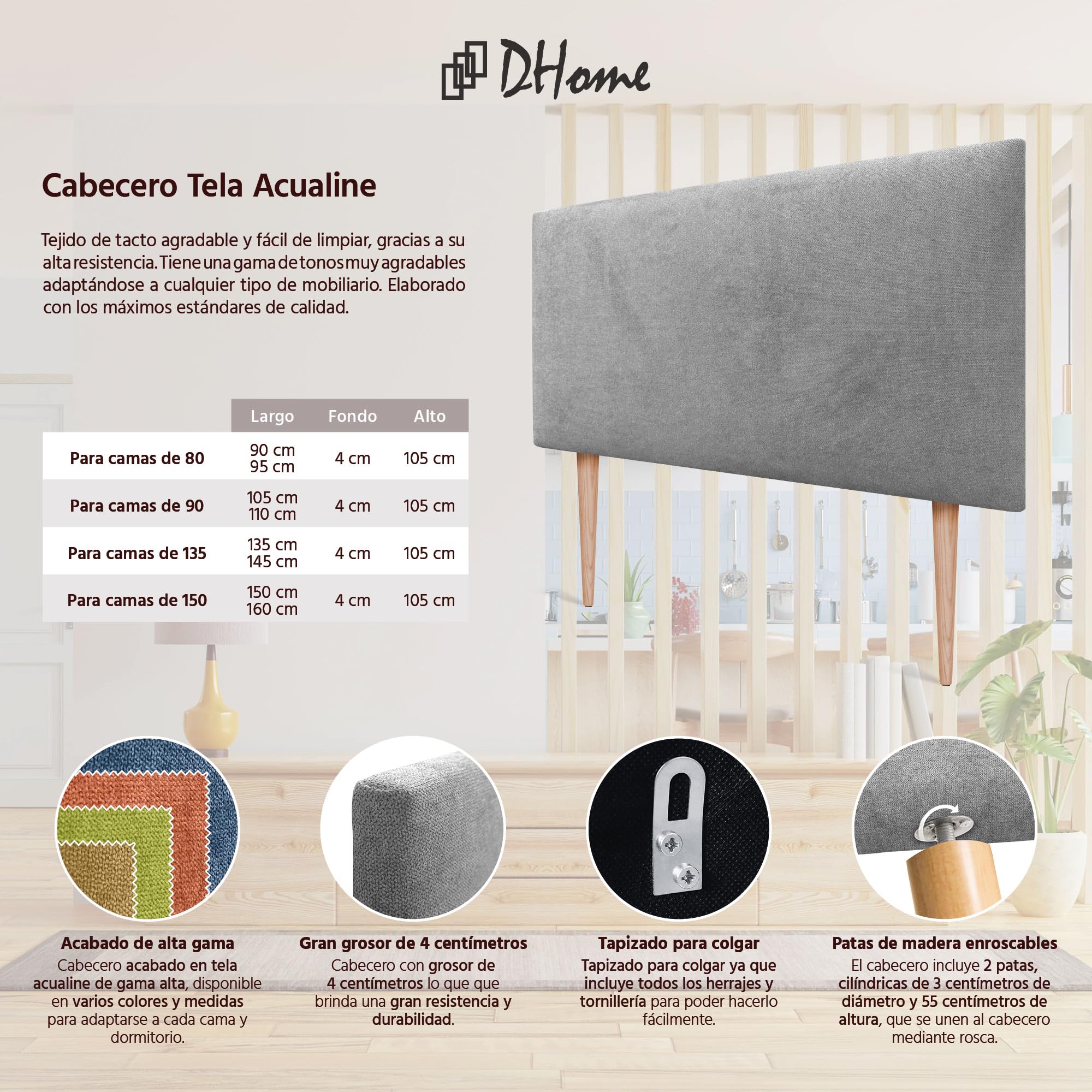 DHOME Tête de lit en Similicuir ou en Tissu AQUALINE Lisse avec Pieds, tête de lit tapissée pour lit de Luxe (110x105cm avec Pieds (Lits 80/90/105), Tissu Gris)