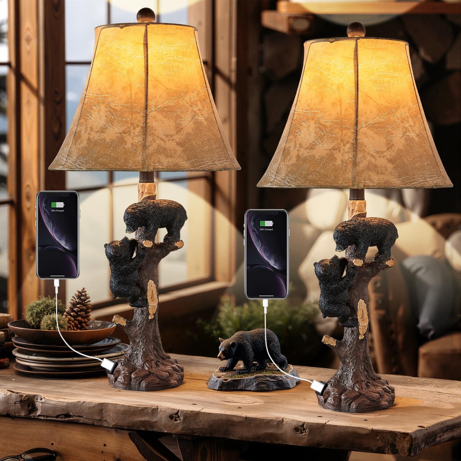 LOKHOM Climbing Bears Rustic Western Table Lamp Set of 2, 26" Rustic Bedside Lamp with USB & TypeC Charging Port, Natural Bears Table Lamp for Bedroom Living Room Foyer Office Valentine's Day Gift