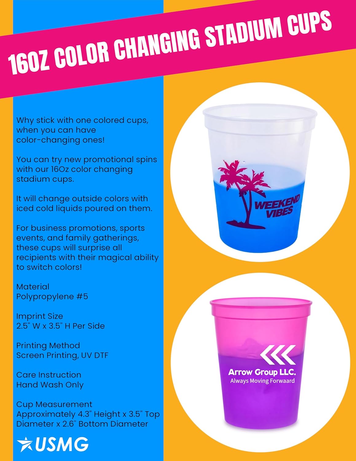 16oz Color Changing Stadium Cups with Custom One-Color Imprint for Parties & Events (Natural To Blue, 50 Cups)
