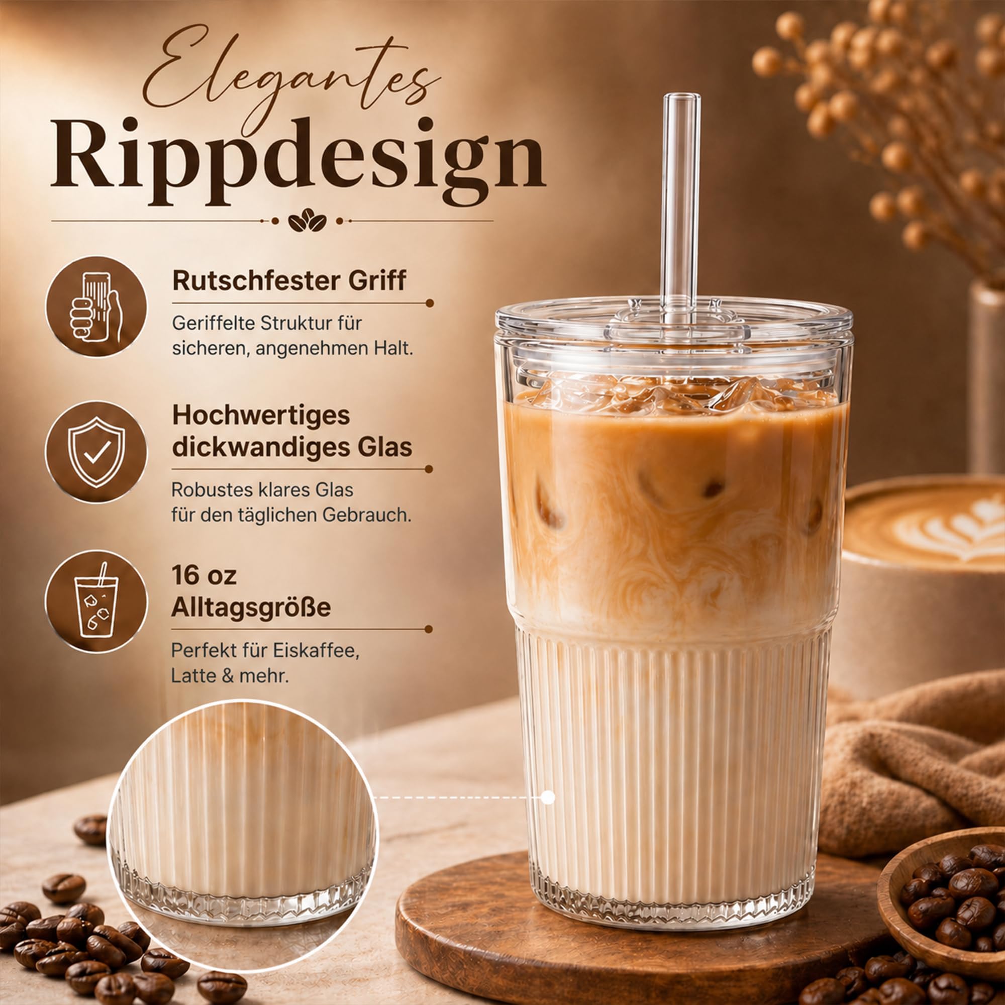 VITEVER Confezione da 2 bicchieri in vetro scanalati con coperchio e cannucce, 450 ml, bicchieri da caffè freddo, per frullati e cocktail, in vetro trasparente per la casa o per il caffè