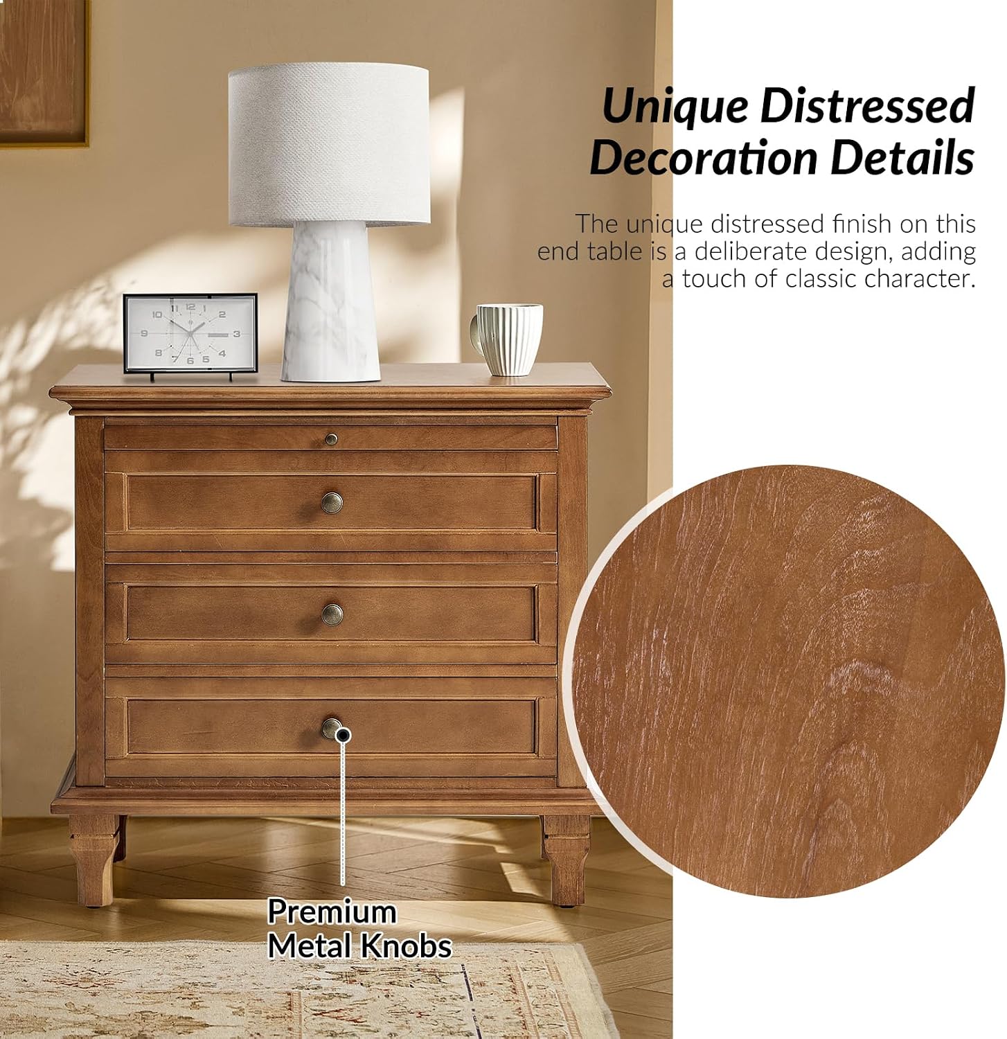 End Table Set of 2 with Charging Station, Solid Wood Organizer with 3 Drawers & Pull-Out Shelf, Farmhouse Bedside Table for Living Room, Acorn